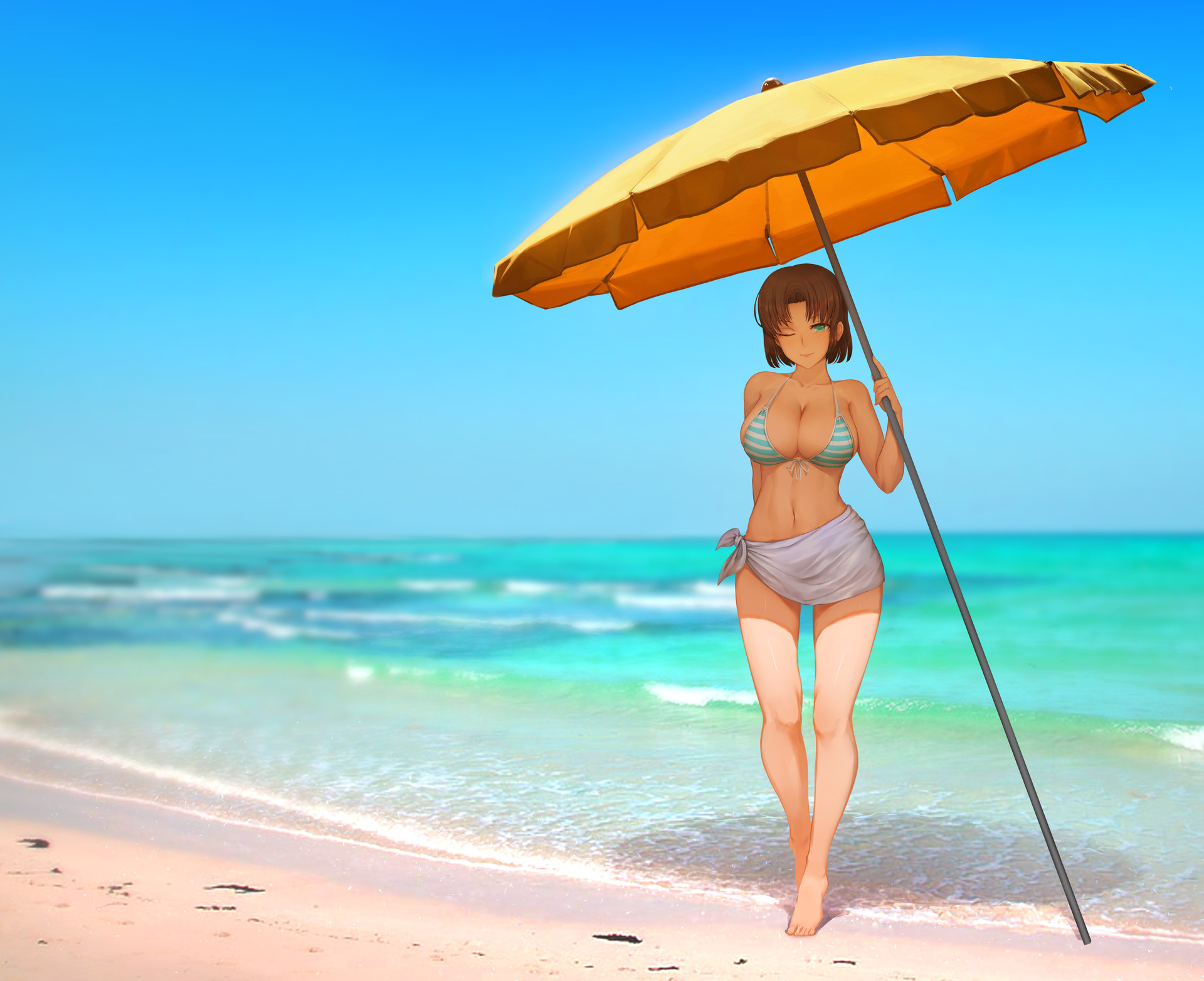 Anime 1920x1565 anime girls bikini beach parasol boobs one eye closed