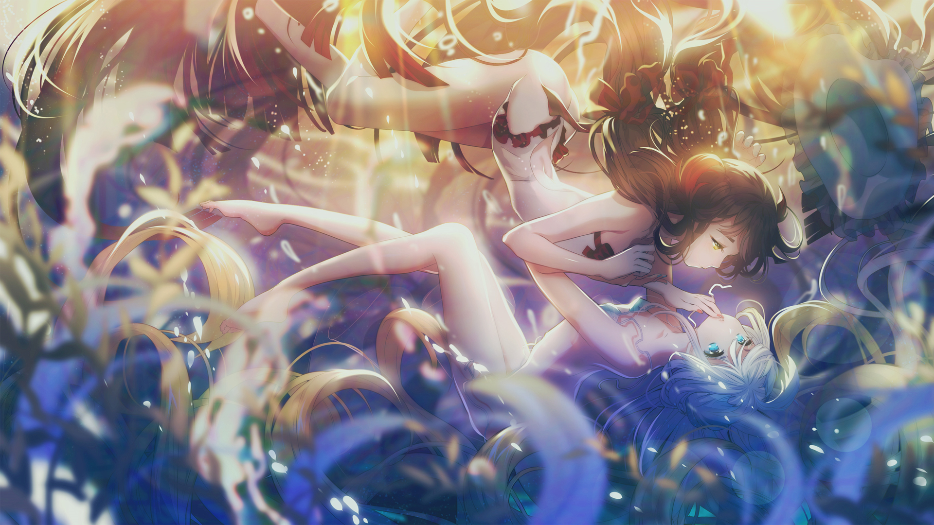 Anime 1920x1080 Noah Fantasy Miemia anime girls underwater one-piece swimsuit long hair blonde brunette