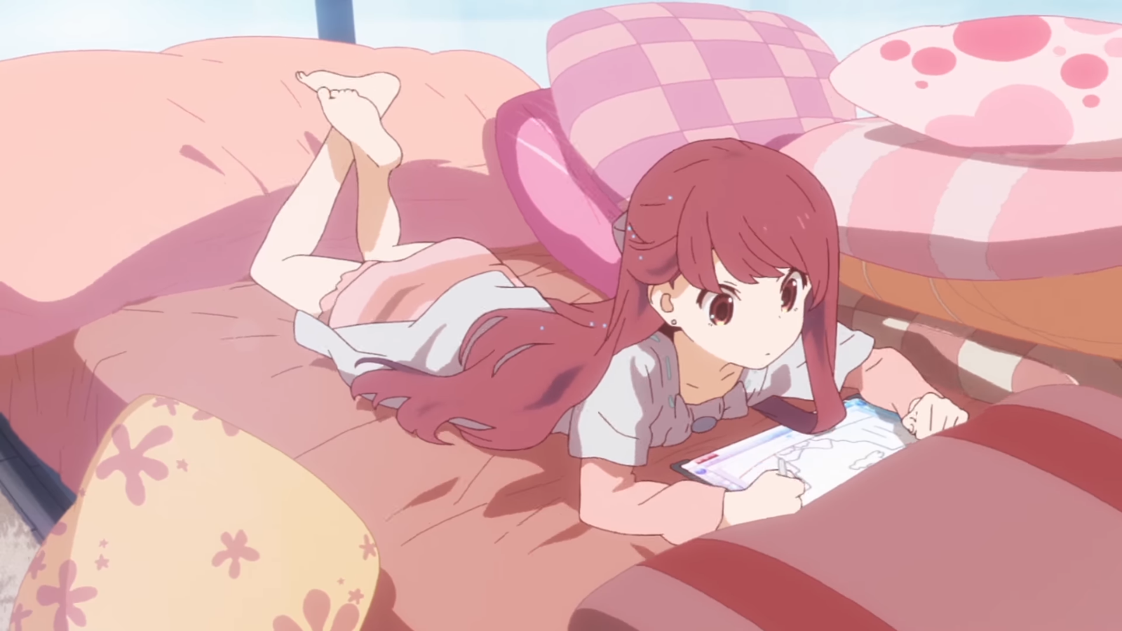 Anime 1600x900 anime girls Rin (Shelter) pink hair long hair pink eyes anime tablet  bed Shelter (anime music video)