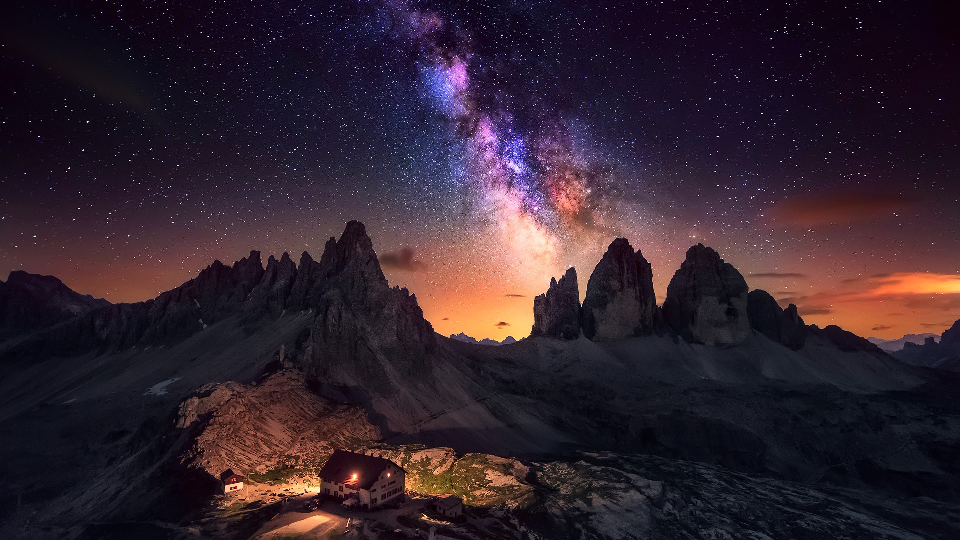 General 1920x1080 photography night long exposure nature landscape Milky Way Dolomites stars lights snow sunset building