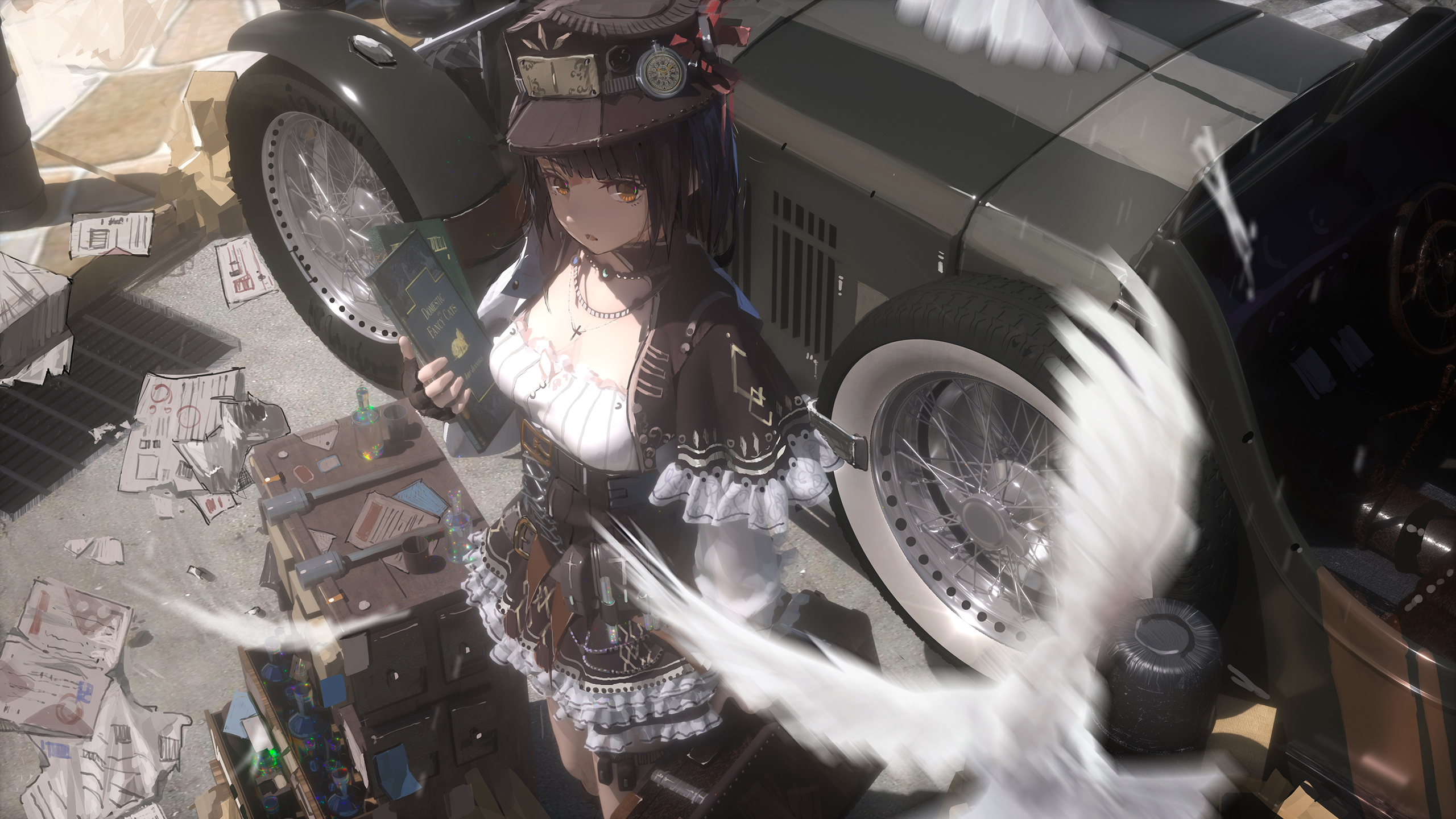Anime 2560x1440 novelance steampunk steampunk girl black hair short hair dress cross old car books necklace orange eyes compass frill dress looking at viewer standing anime girls feathers sunlight vehicle gloves fingerless gloves book in hand capelet hat birds frills messy paper bangs luggage Victorian
