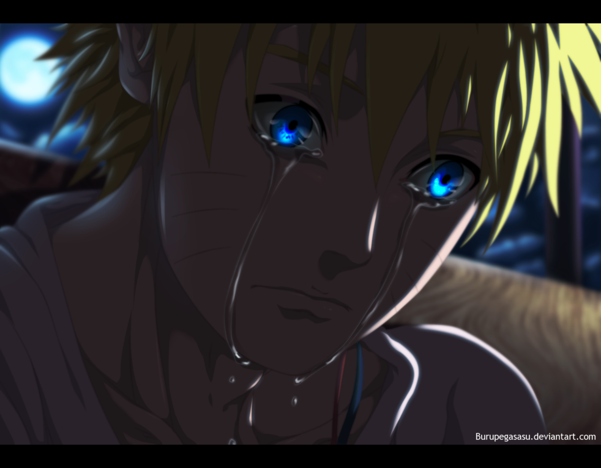 Anime 1920x1495 Naruto Shippuden Uzumaki Naruto crying blue eyes watermarked anime boys closeup closed mouth blonde night Moon tears short hair DeviantArt anime