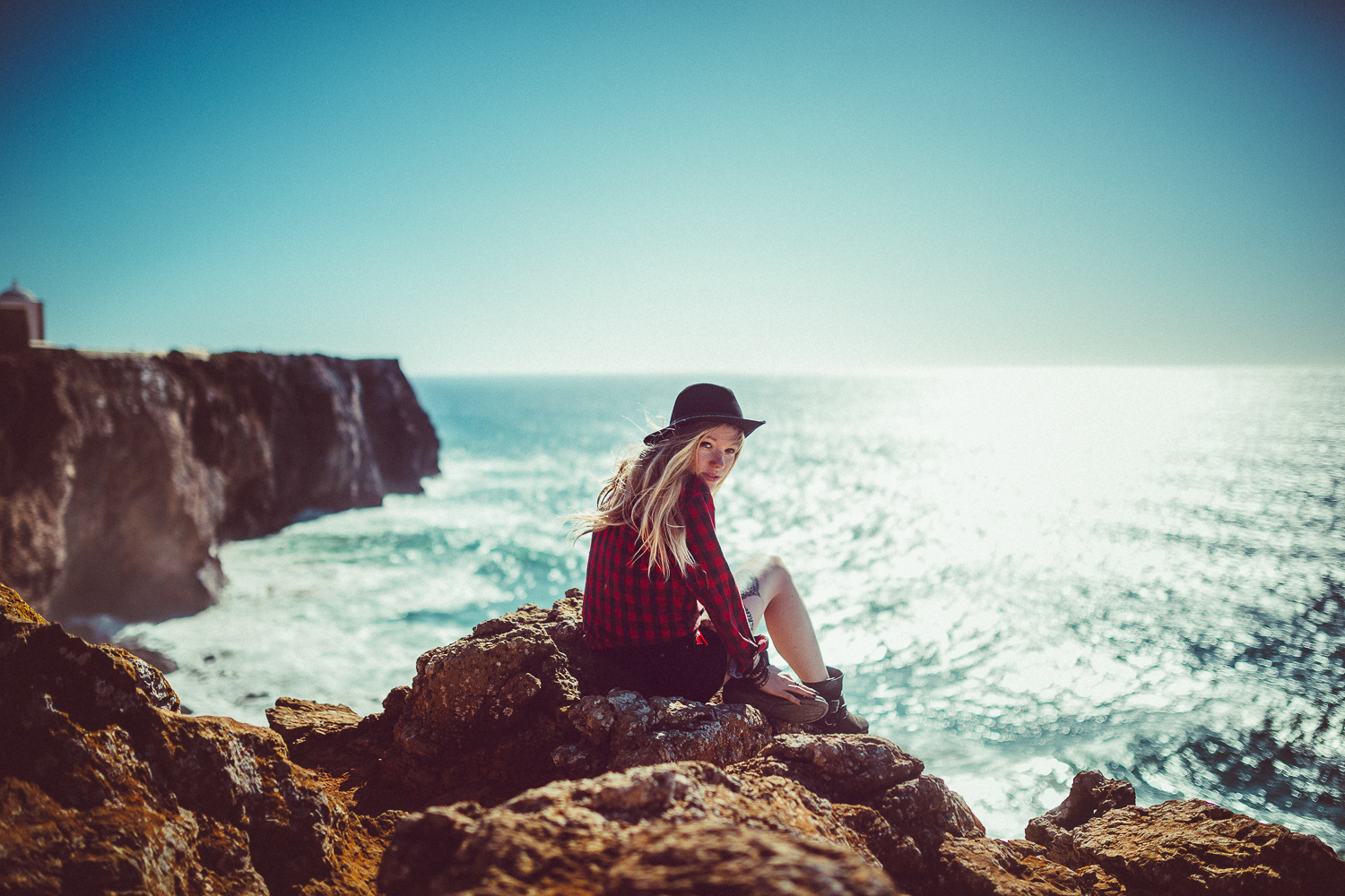 People 1500x1000 women model blonde looking at viewer landscape nature sea cliff rocks clear sky sitting women with hats