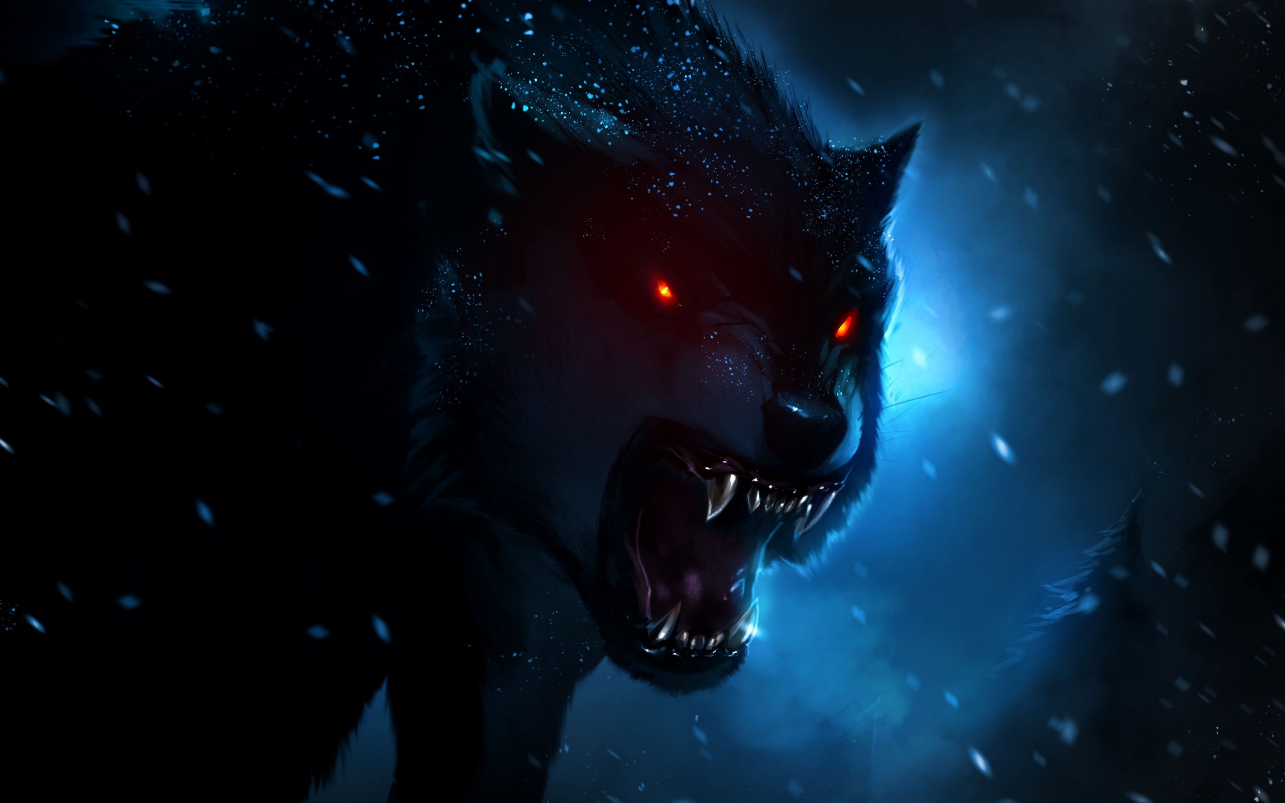 General 2560x1600 digital art wolf animals fangs dark red eyes blue snowing