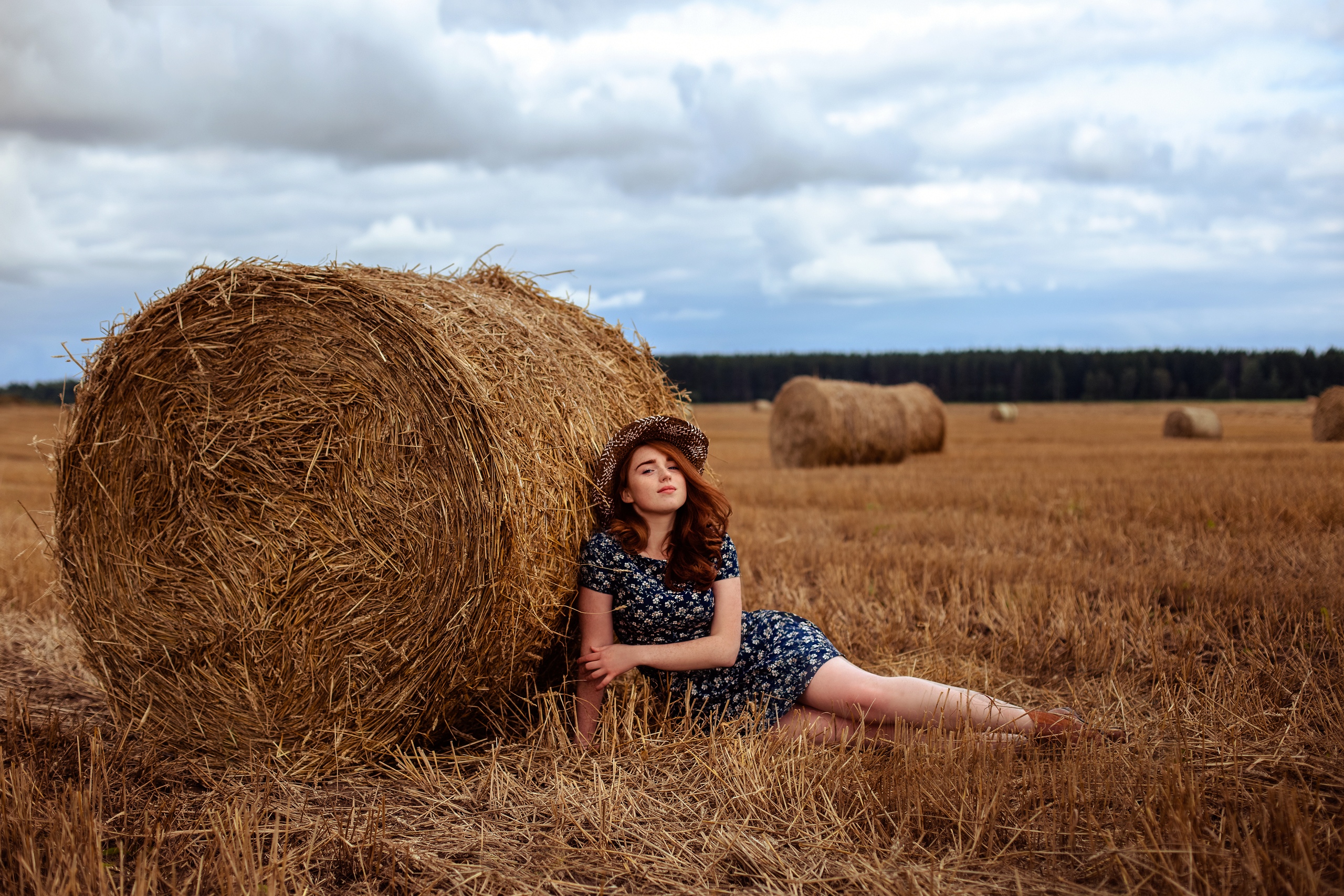 People 2560x1707 women model redhead looking at viewer on the floor women with hats hay dress women outdoors hay bales flower dress