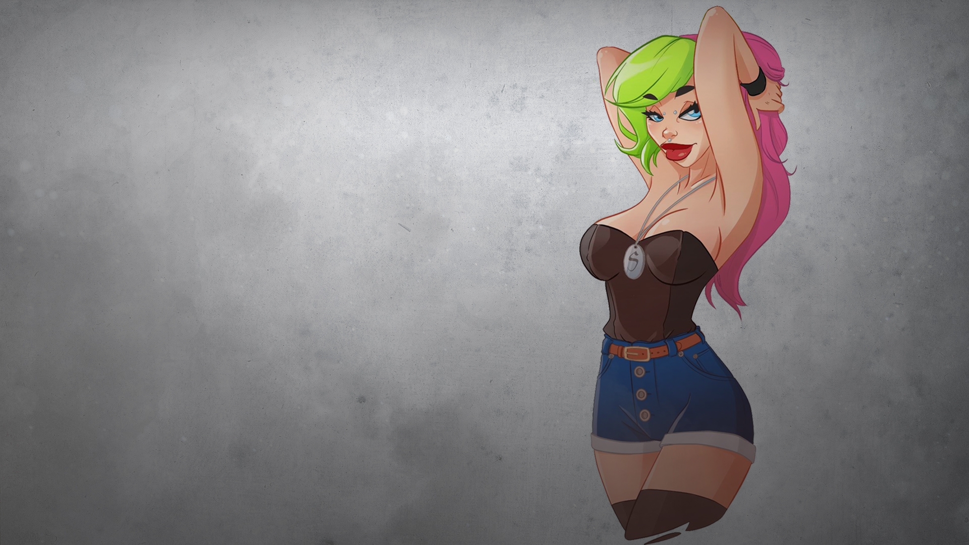 General 1920x1080 evvi colorful green hair pink hair cartoon boobs curvy simple background gray background
