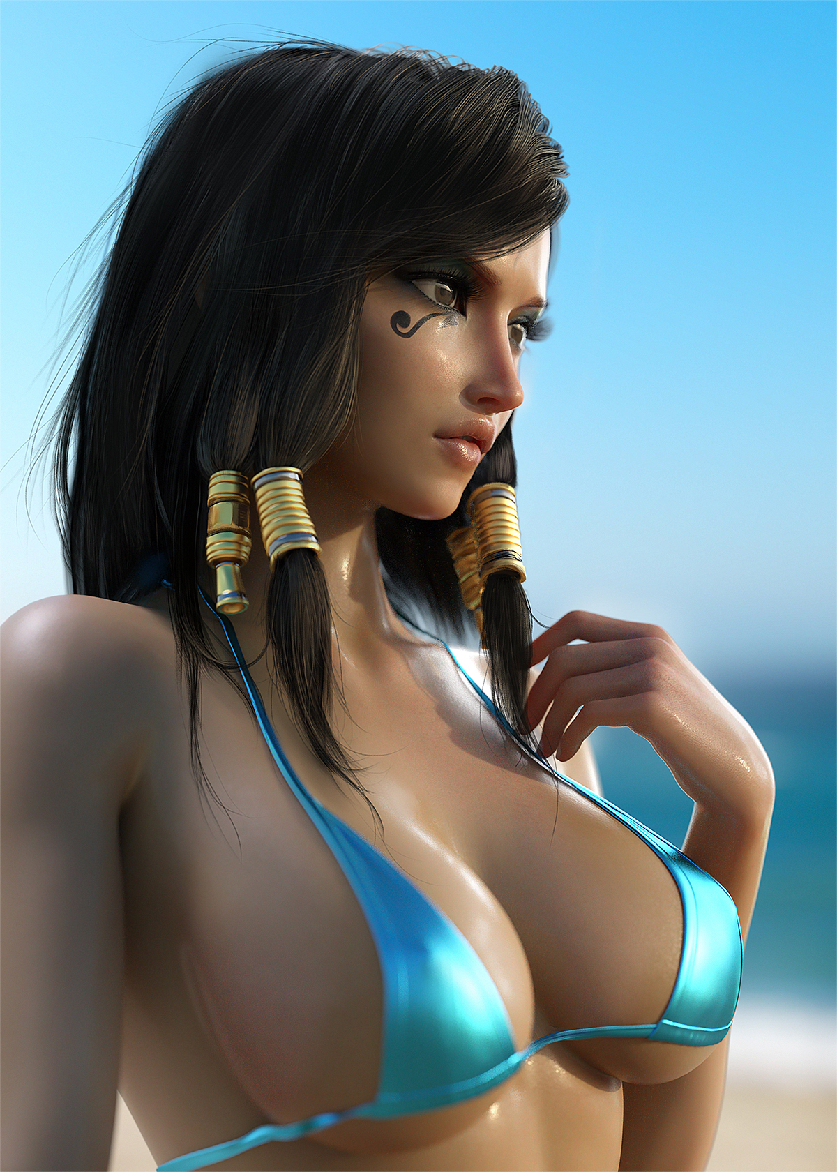 General 1200x1680 Overwatch Pharah (Overwatch) women dark hair swimwear bikini tattoo Sevenbees boobs big boobs fantasy girl CGI