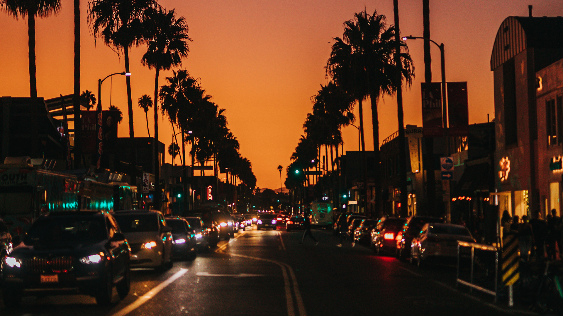 General 1920x1080 lights sunset building palm trees Los Angeles city street traffic orange sky