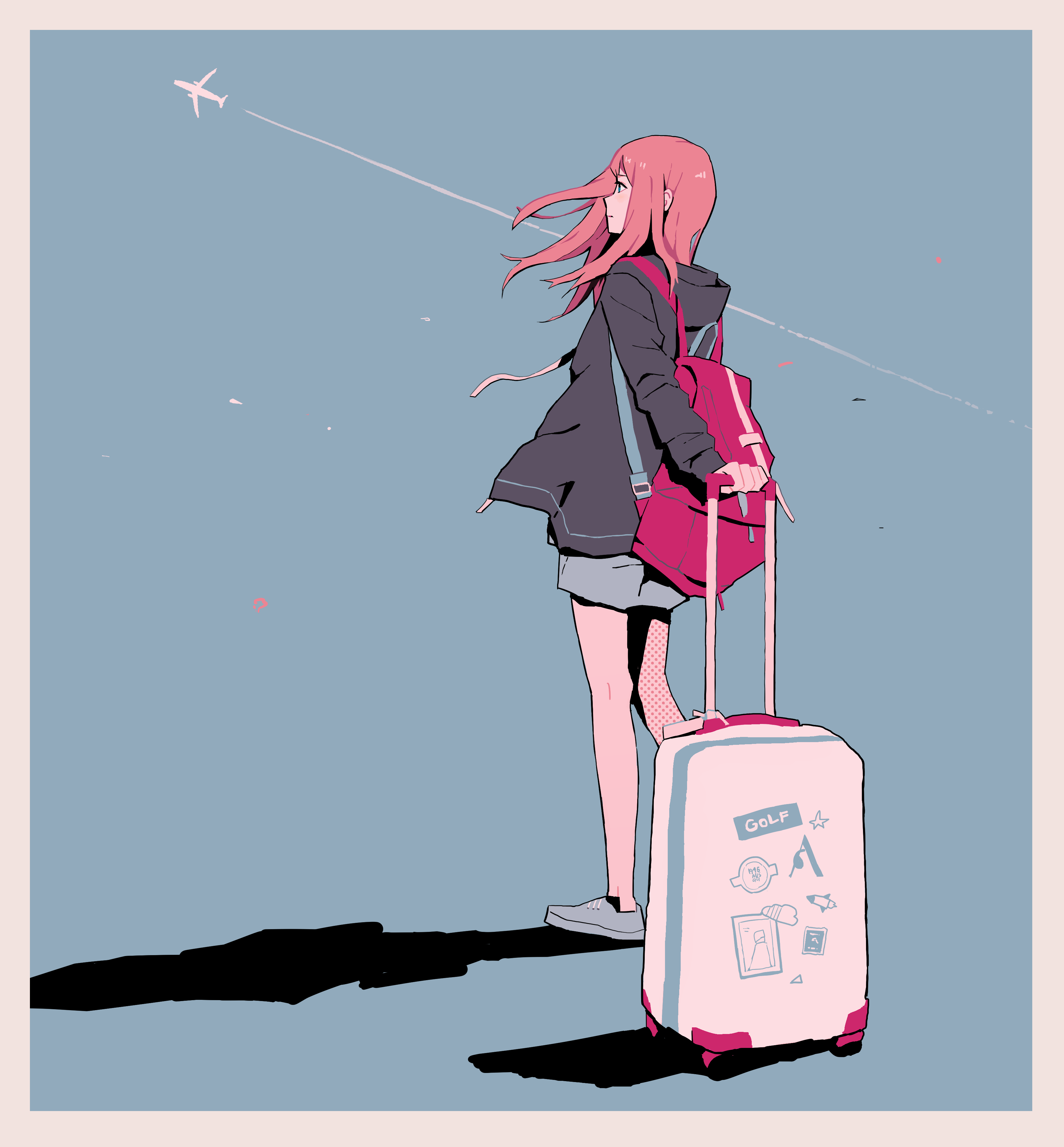 Anime 3520x3796 anime girls traveler suitcase pink hair anime aircraft standing