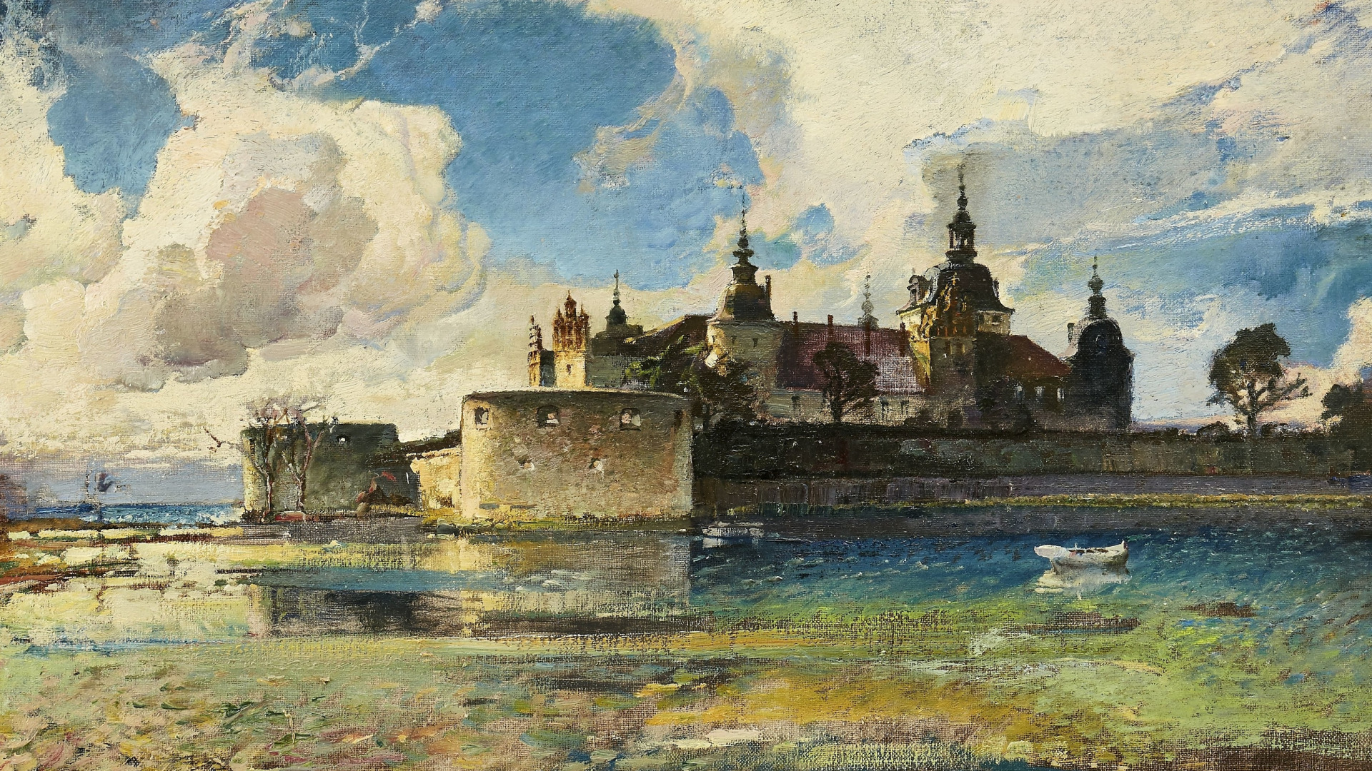 General 1920x1080 painting traditional art architecture building old building artwork Ivan Hoflund castle river boat clouds classic art