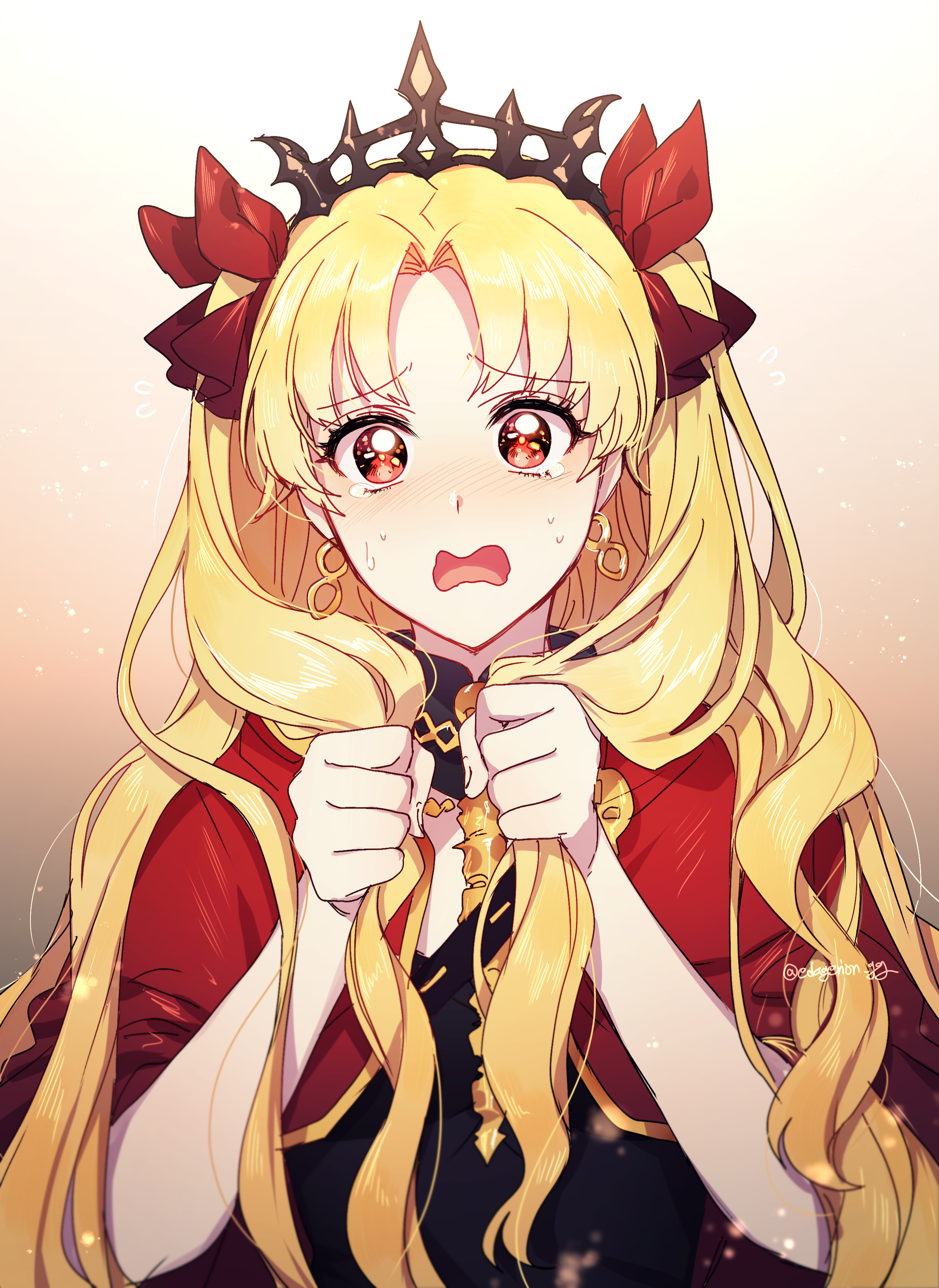Anime 2465x3380 Fate series Fate/Grand Order anime girls long hair small boobs 2D twintails blushing embarrassed crown open mouth messy hair touching hair Ereshkigal (Fate/Grand Order) simple background looking at viewer portrait display fan art crying anime red ribbon blonde red eyes