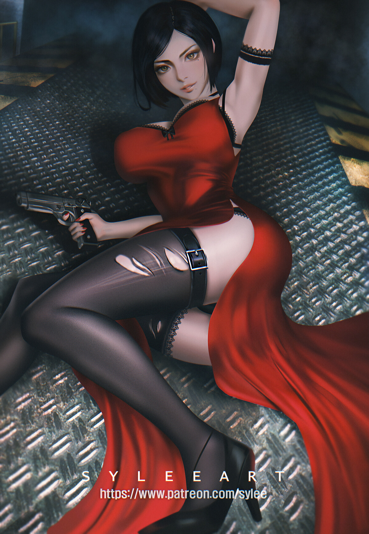 General 1200x1739 Seungyoon Lee drawing women Resident Evil Ada Wong dark hair short hair looking at viewer dress red clothing lingerie lace panties thigh-highs torn clothes weapon gun