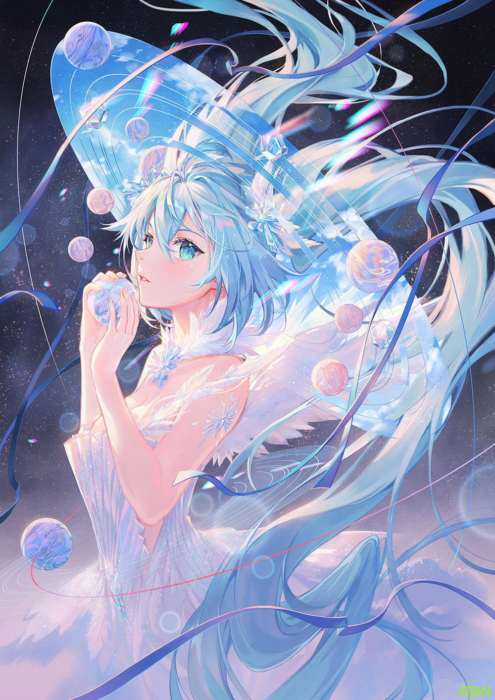 Anime 1000x1414 anime anime girls digital art artwork 2D portrait display Atdan Vocaloid Hatsune Miku twintails blue hair long hair blue eyes dress wings