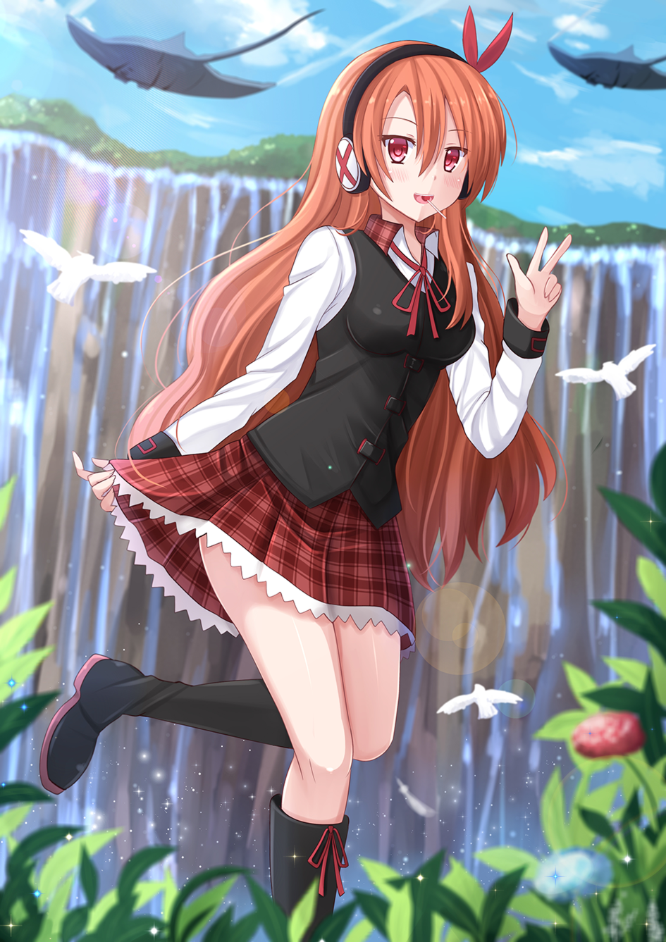 Anime 945x1337 anime girls anime Akame ga Kill! Chelsea fan art school uniform redhead waterfall clear sky nature kazenokaze