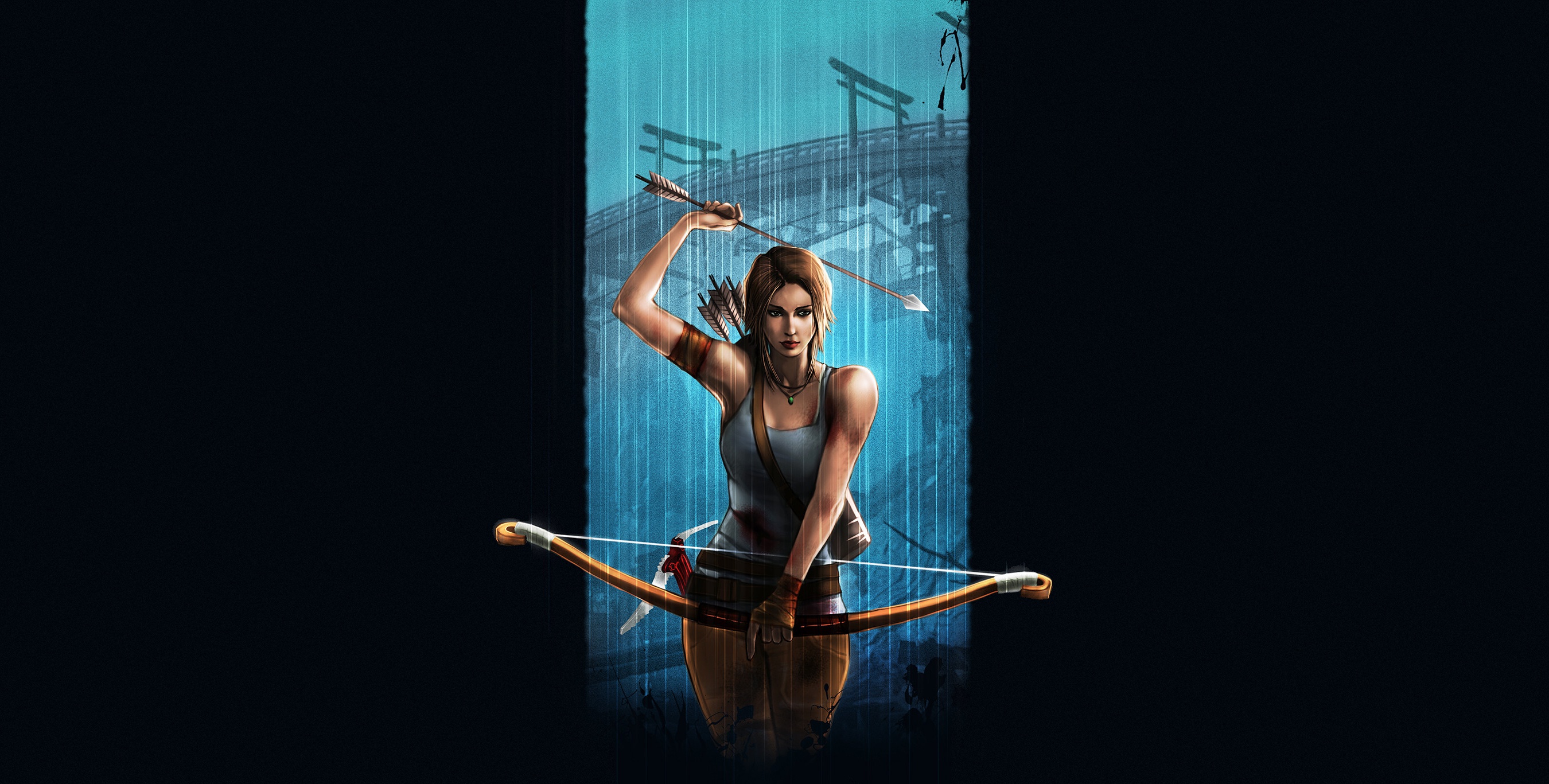 General 2700x1367 Tomb Raider video game art video games Tomb Raider (2013) cyan Lara Croft (Tomb Raider) bow and arrow video game girls video game characters