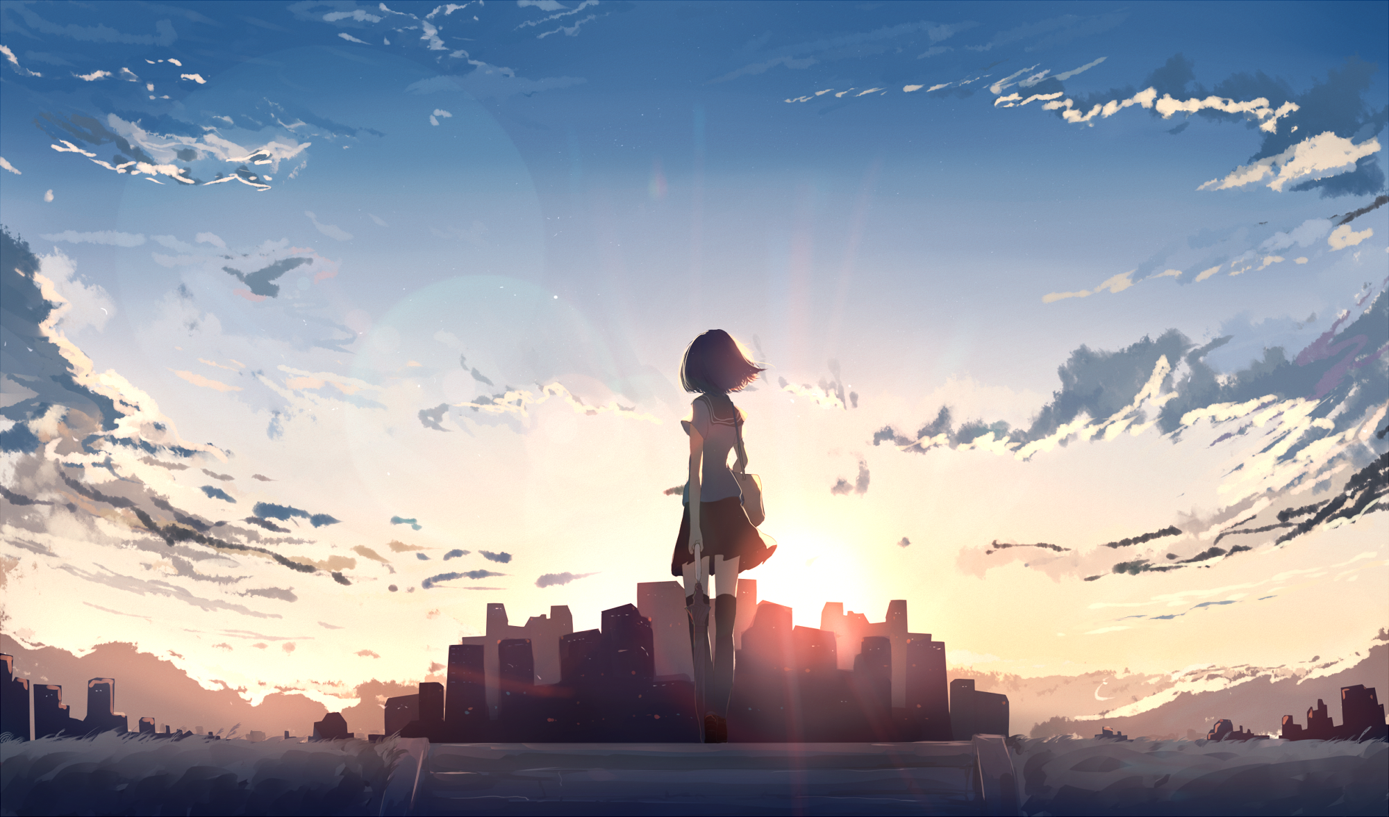 Anime 2000x1177 city anime girls sunset sky clouds standing school uniform