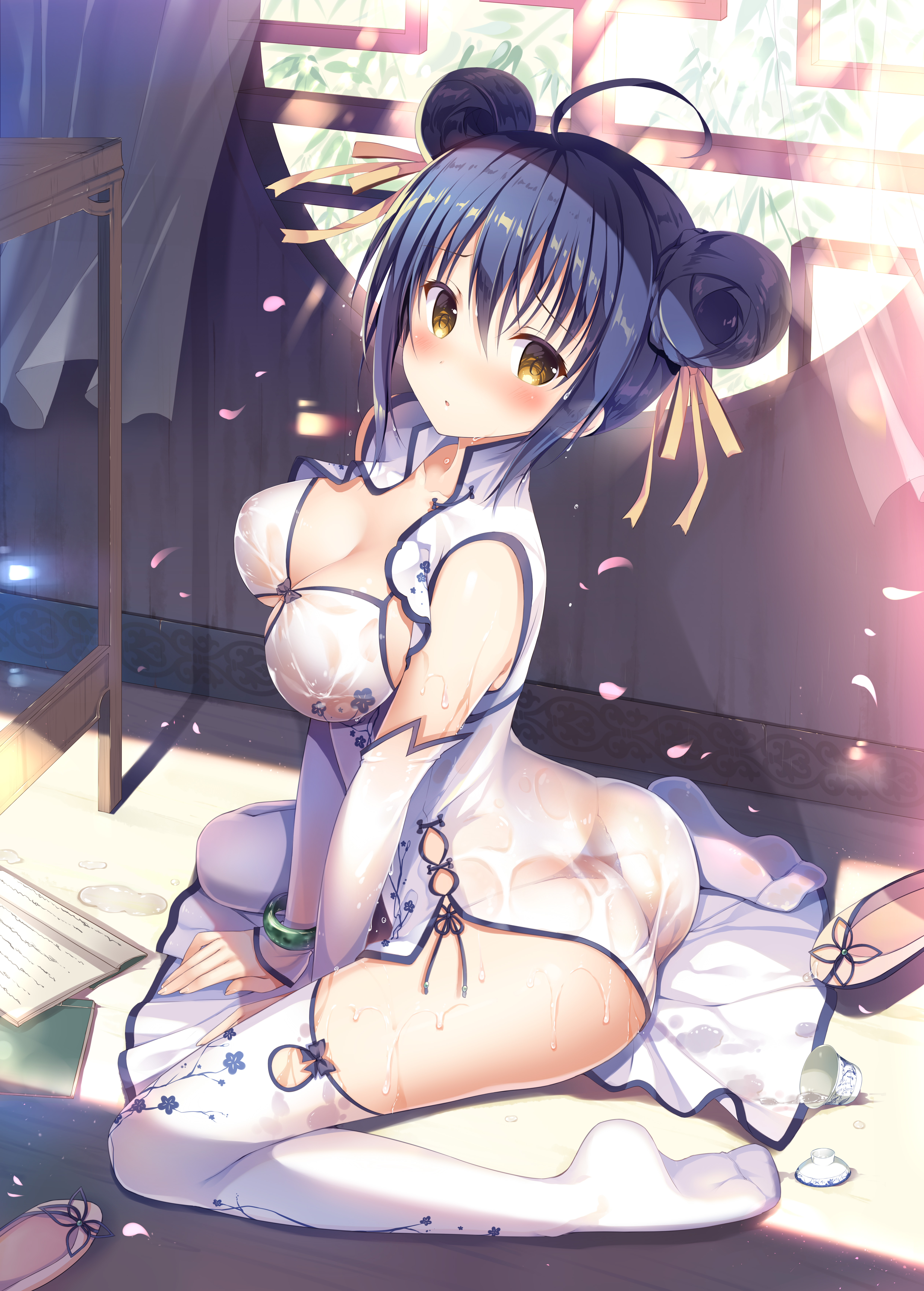 Anime 4870x6800 anime anime girls thigh-highs Chinese dress cleavage wet clothing Sousouman