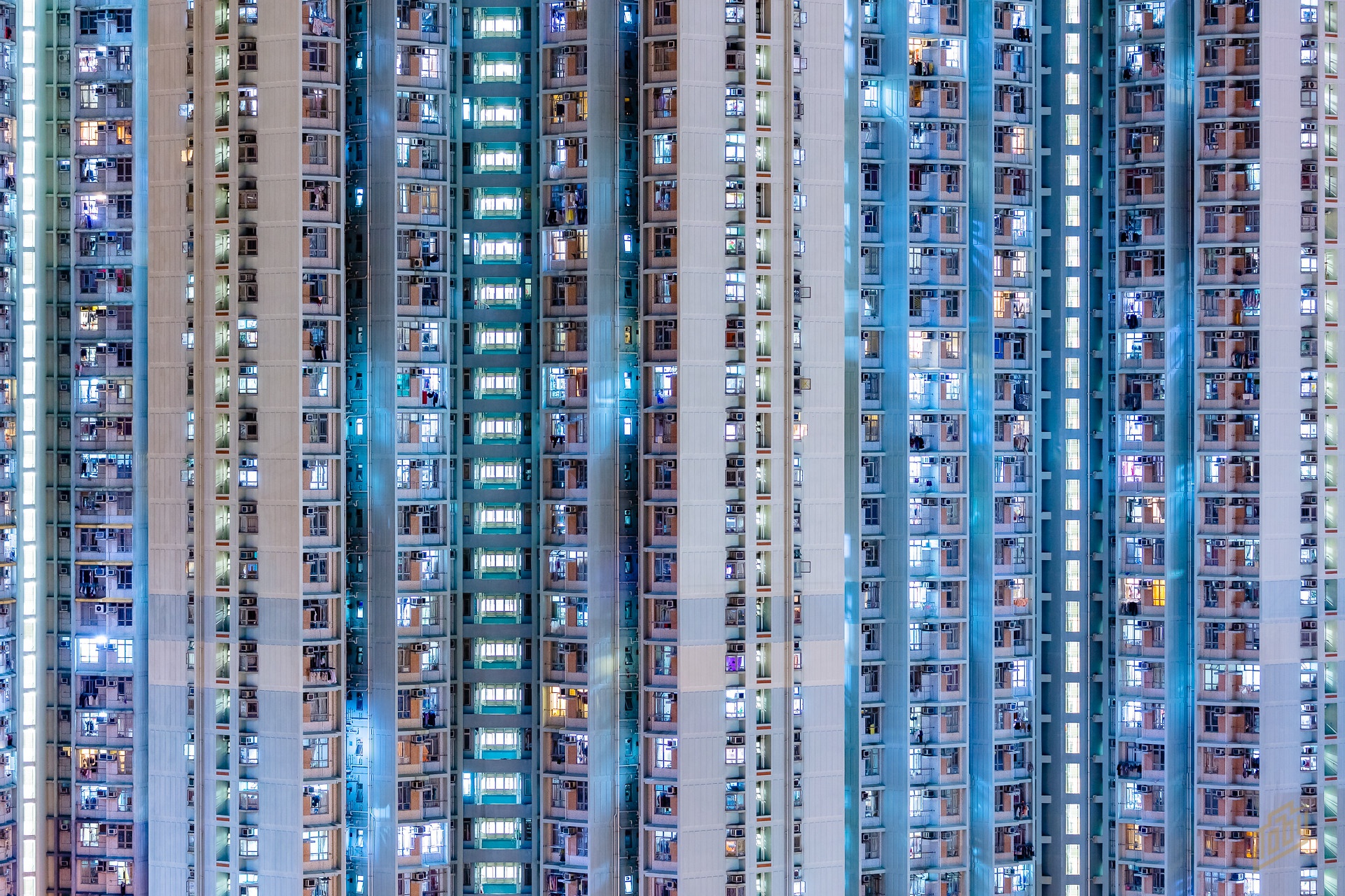 General 1920x1280 Asia architecture window vertical lines lights Toby Harriman block of flats Hong Kong building