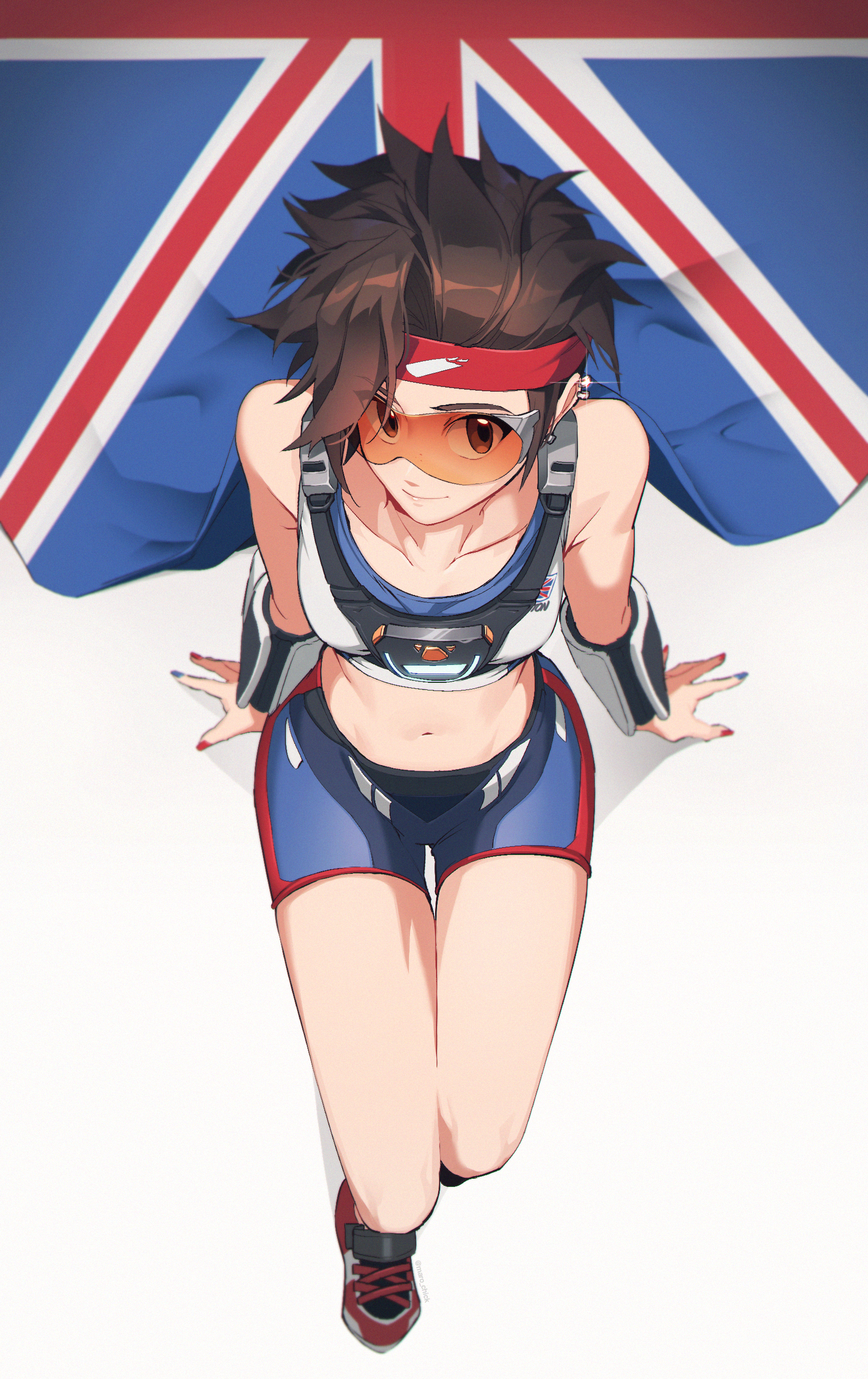 Anime 1700x2700 digital art Tracer (Overwatch) Overwatch flag British flag short hair brunette headband goggles bare midriff ear piercing armlet looking at viewer cape Maro looking up sitting