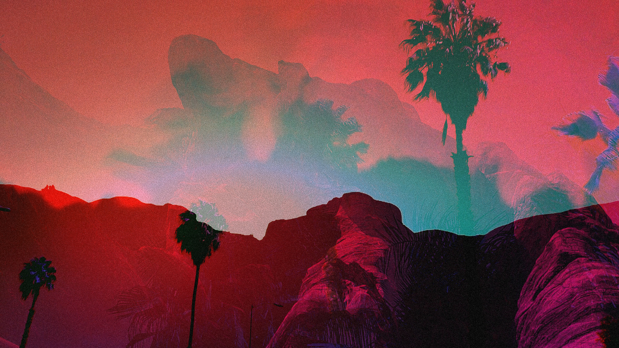 General 2048x1152 palm trees vaporwave digital art colorful rocks