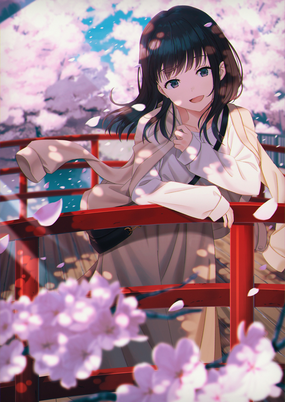 Anime 1133x1600 anime anime girls smiling looking at viewer dark eyes dark hair cherry blossom bridge artwork Hyuuga Azuri