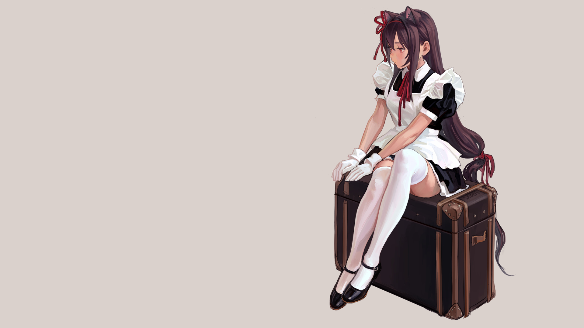 Anime 1920x1080 anime anime girls simple background FKEY maid cat girl cat ears stockings white stockings sitting long hair thigh-highs thighs