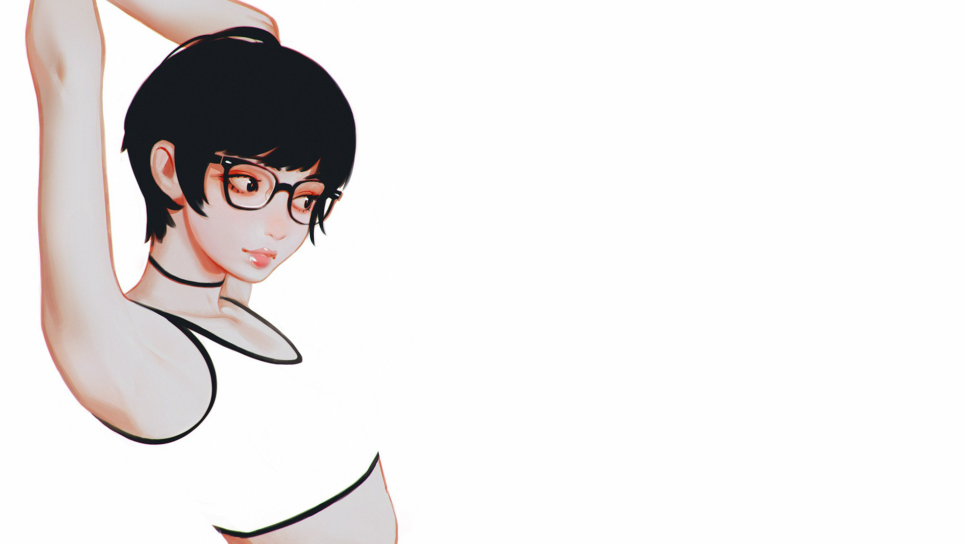 Anime 1920x1080 Ilya Kuvshinov women white background simple background glasses short hair choker digital art anime