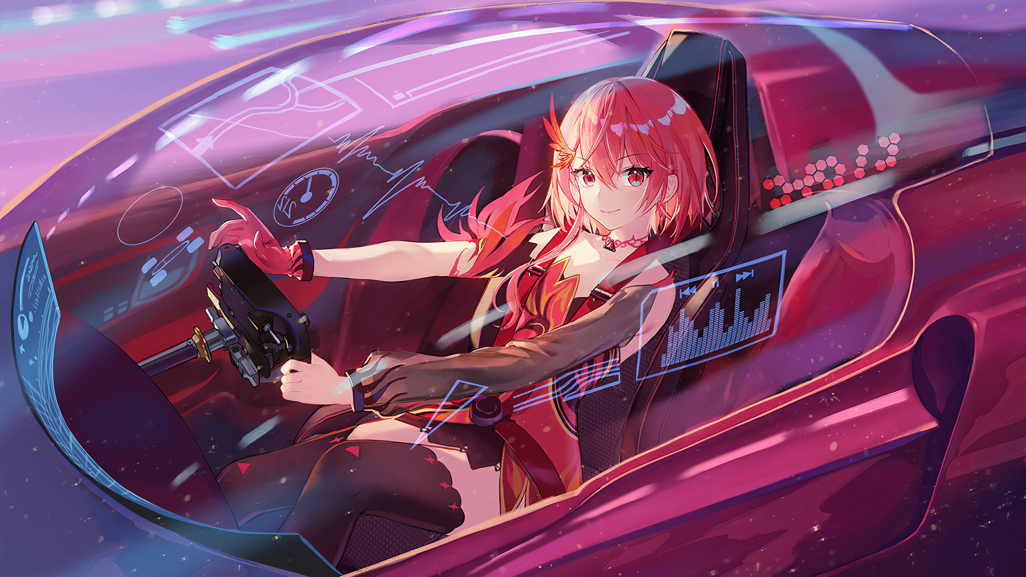 Anime 2048x1152 racing anime anime girls car vehicle redhead red eyes Atdan artwork Synthesizer v