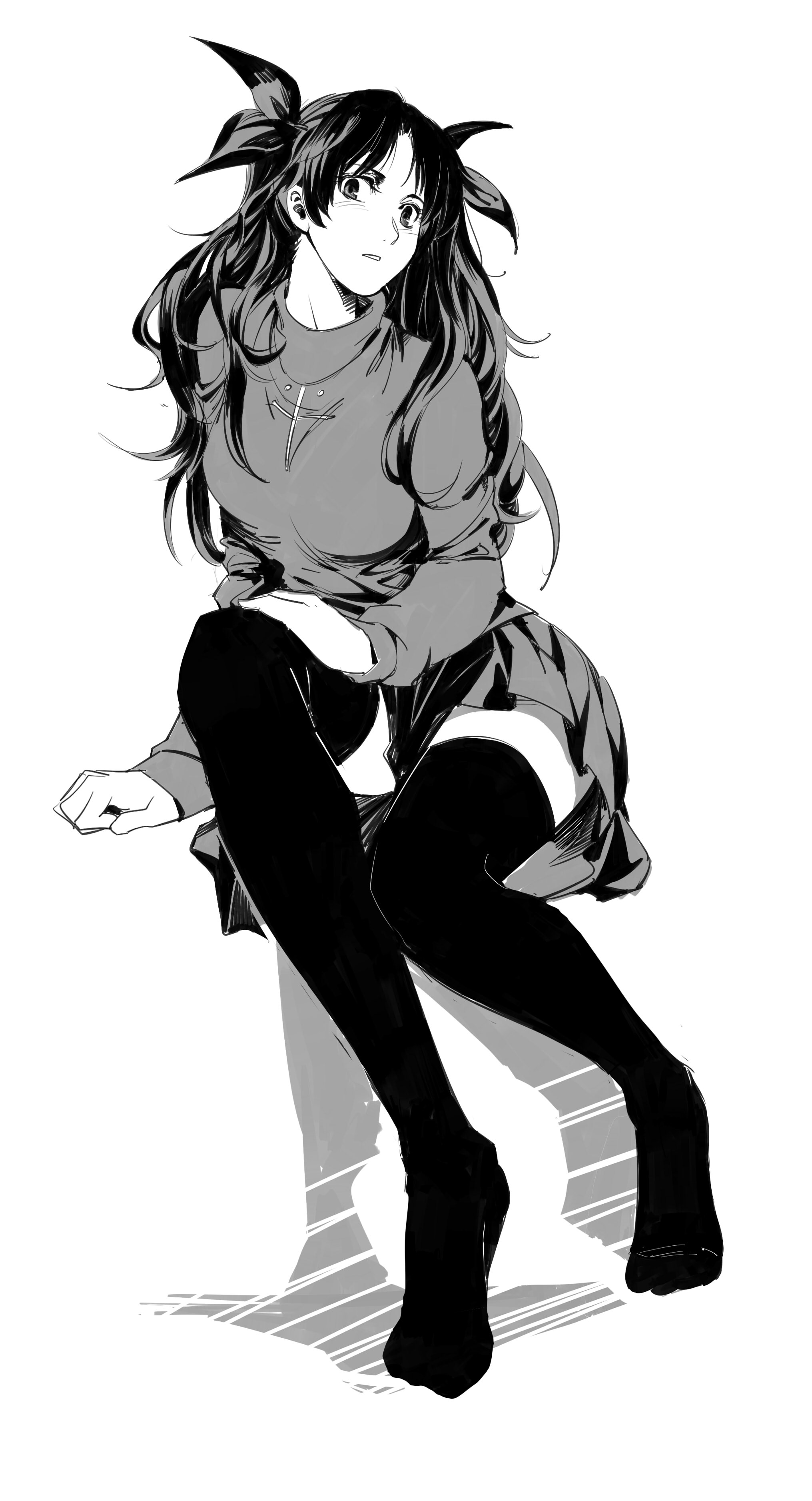 long hair, thighs, thick thigh, curvy, anime girls, black stockings