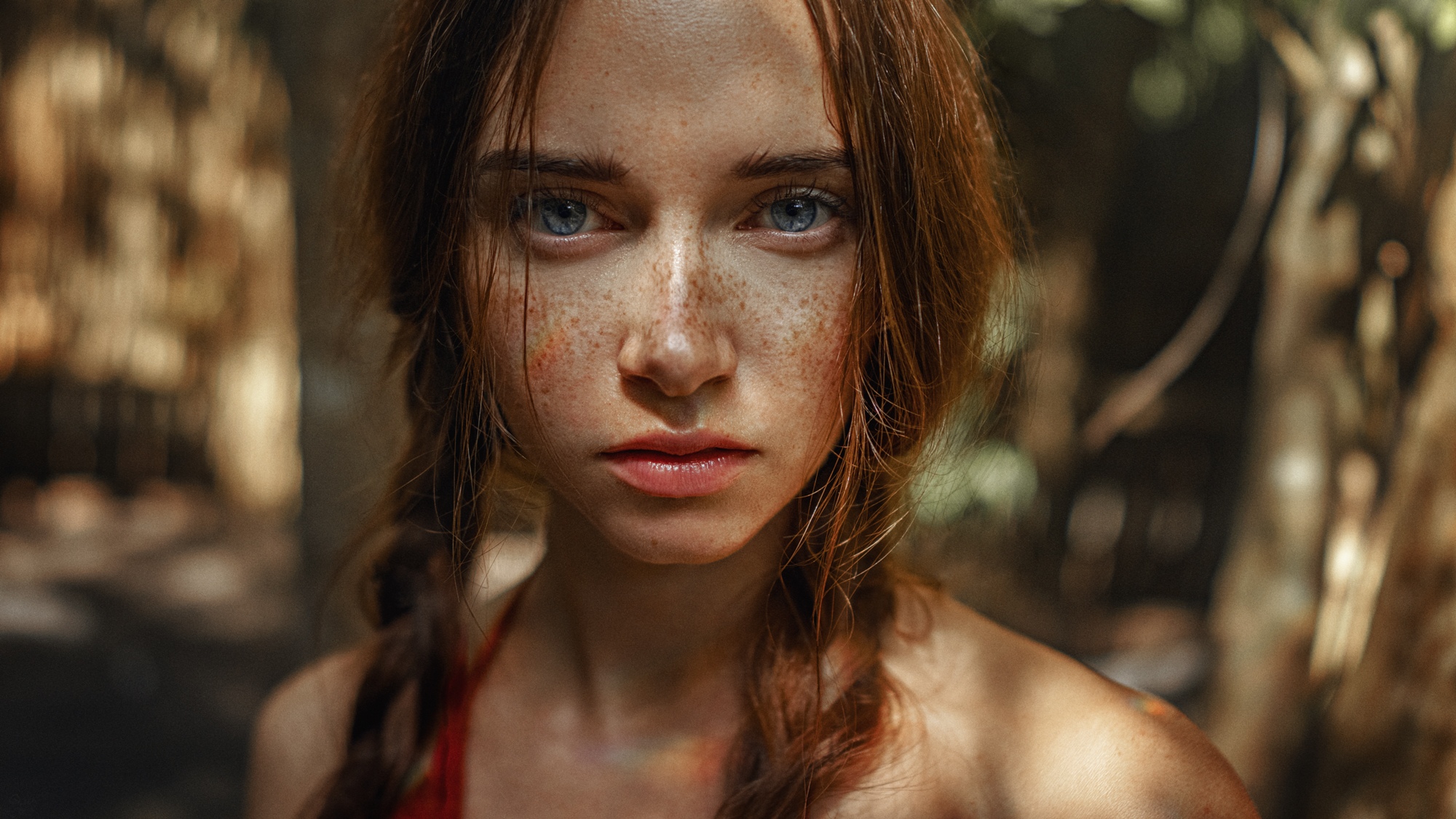 People 2000x1125 women model face redhead portrait women outdoors freckles braids bare shoulders closeup blue eyes depth of field Anastasia Nelen Georgy Chernyadyev