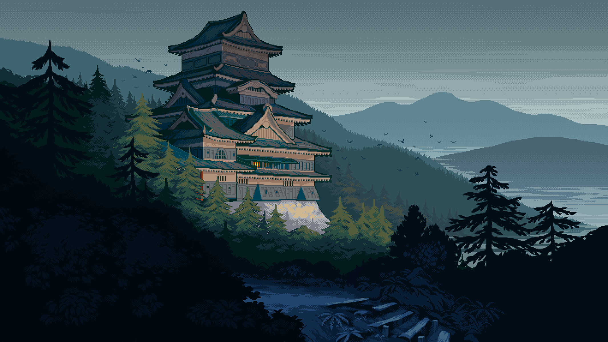 General 2130x1197 Japan pixel art mountains hills Asian architecture trees pixelated birds