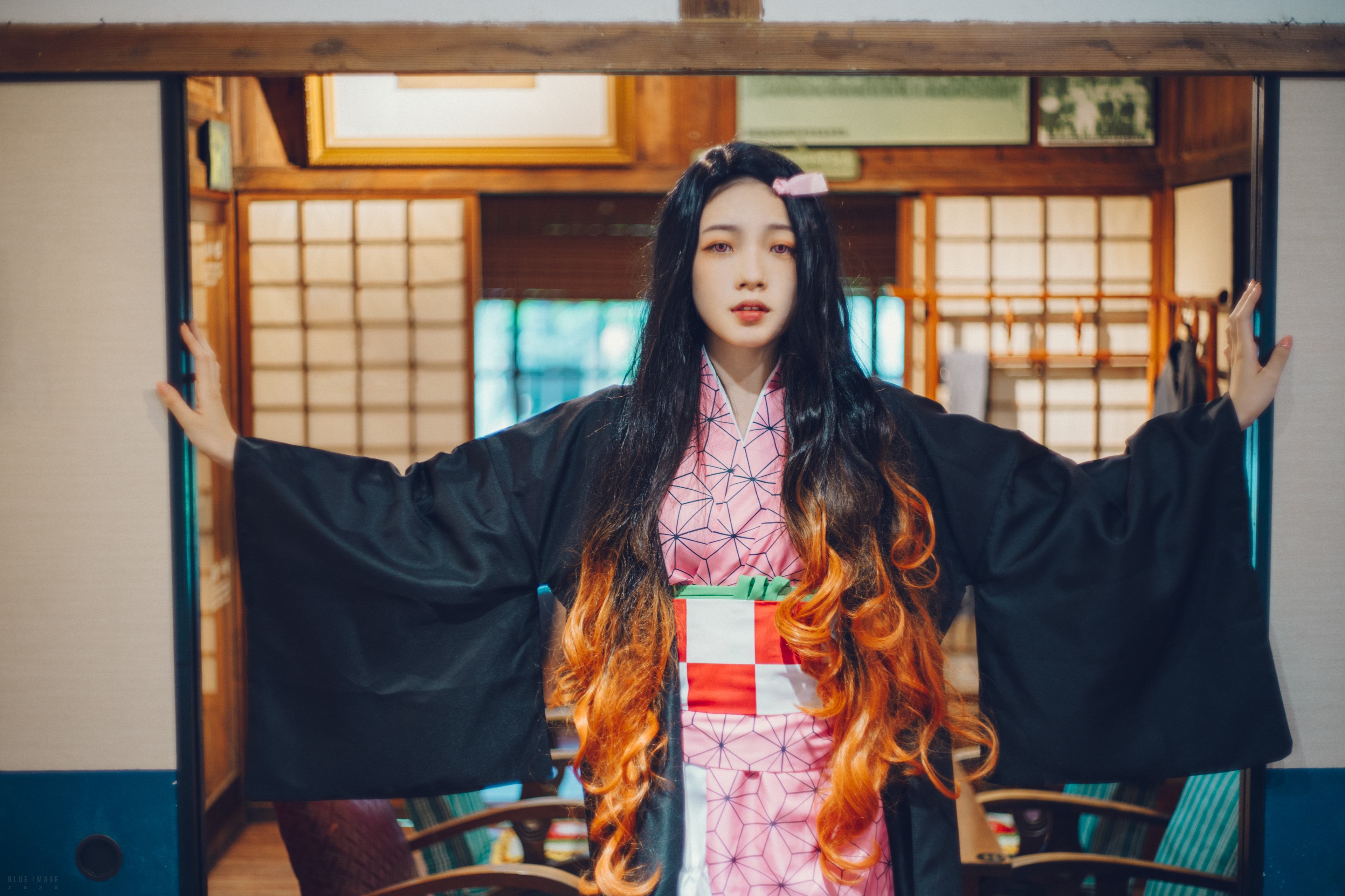People 3840x2560 Asian women model black hair long hair Kamado Nezuko Kimetsu no Yaiba cosplay kimono Japanese clothes parted lips portrait looking at viewer frontal view depth of field indoors women indoors