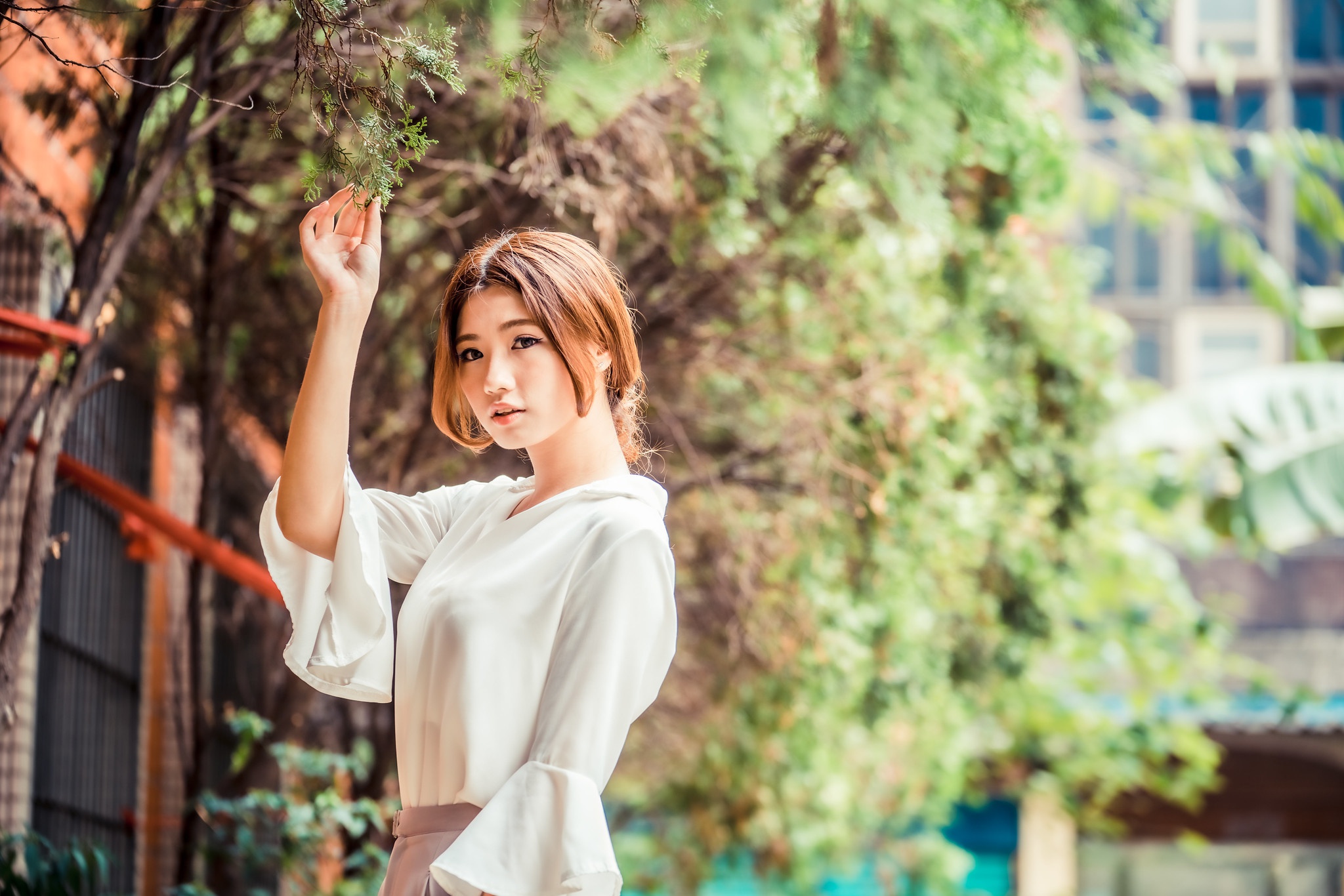 People 2048x1366 Asian women model depth of field long hair trees bushes white shirt skirt building women outdoors