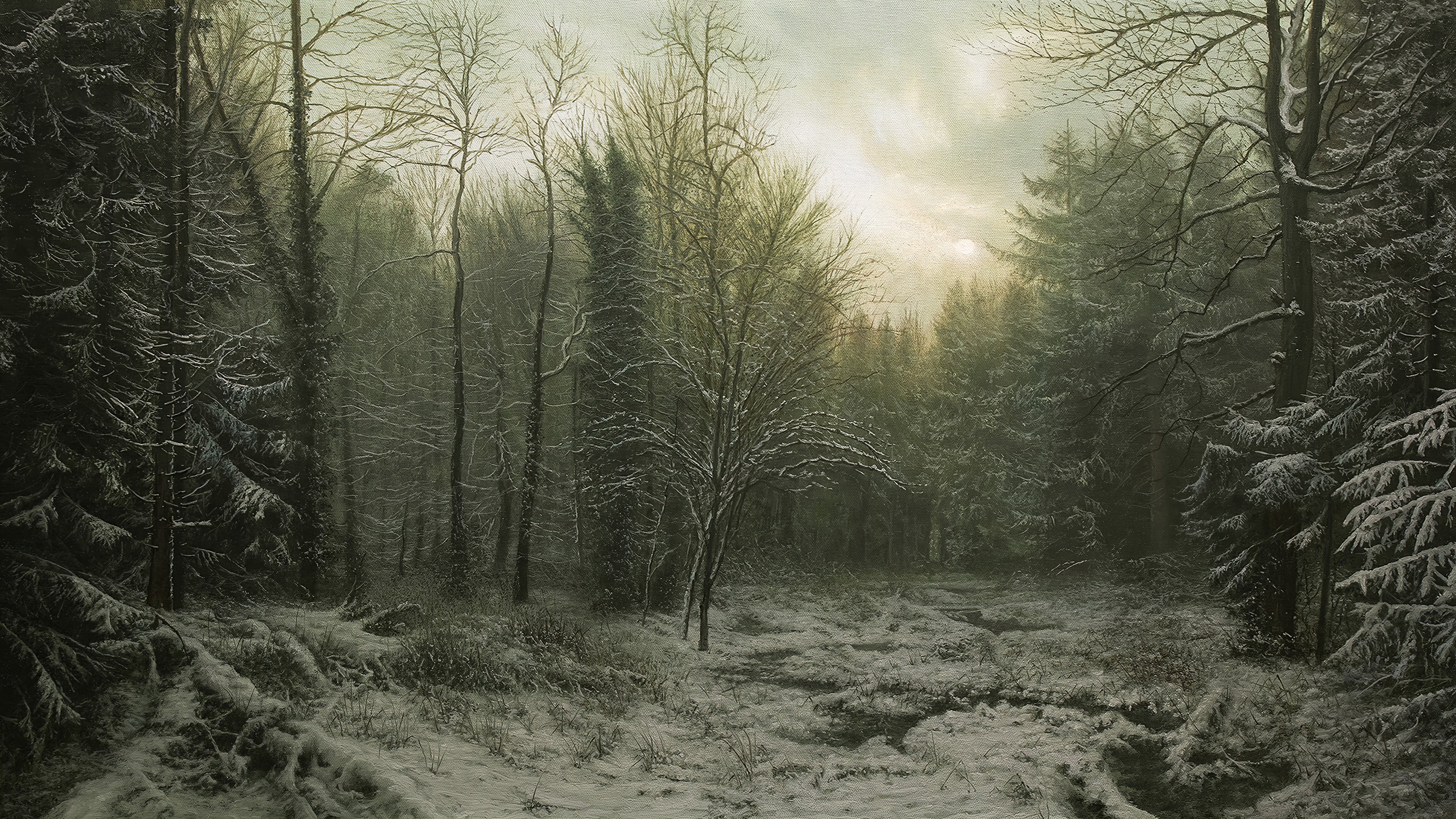 General 3840x2160 nature painting trees forest dark snow winter morning cold outdoors
