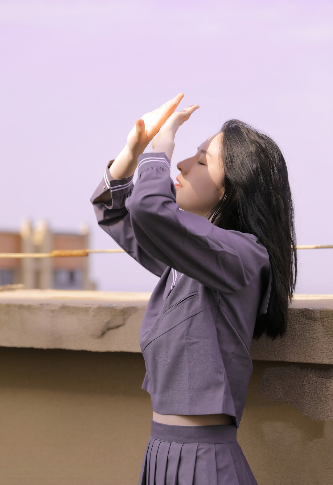 People 1080x1573 Chinese women outdoors long hair sailor uniform schoolgirl black hair closed eyes arms arms up pale school uniform women Asian