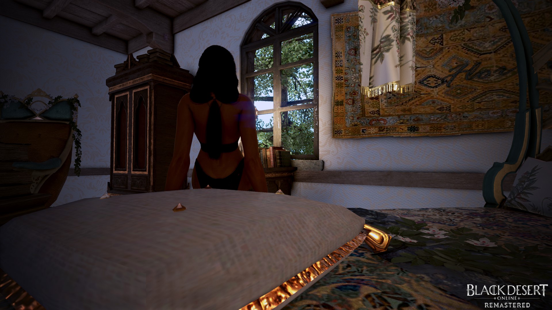 General 1920x1080 Black Desert Online screen shot video game girls video game art video game characters fantasy girl rangers window bed cushions black outfits back Chill Out ass curvy underwear sitting rear view