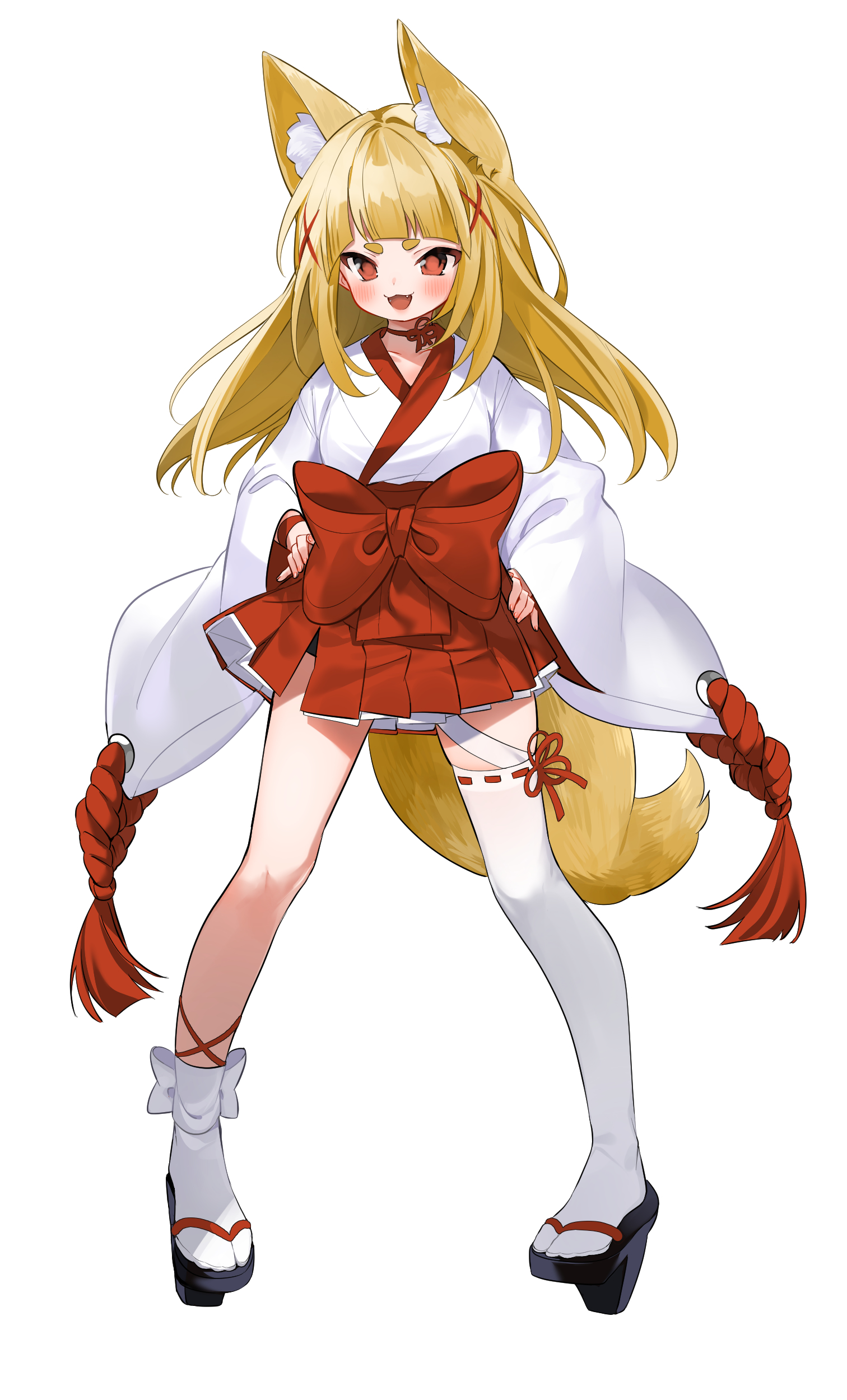 Anime 1512x2500 anime girls anime digital art artwork 2D portrait display fox girl animal ears tail blonde red eyes Japanese clothes miko loli