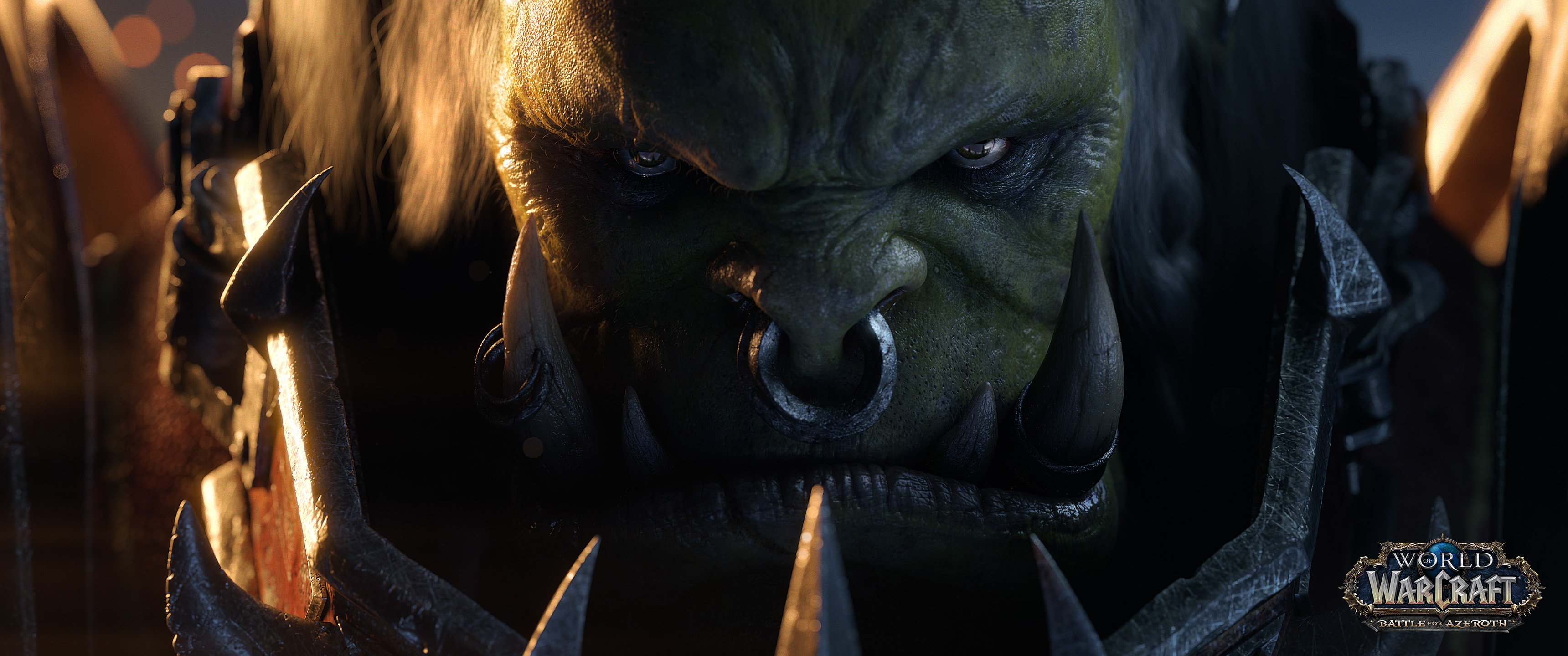 General 3440x1440 World of Warcraft World of Warcraft: Battle for Azeroth PC gaming video games closeup digital art ultrawide video game art video game characters CGI looking at viewer nose ring sunlight title Orc