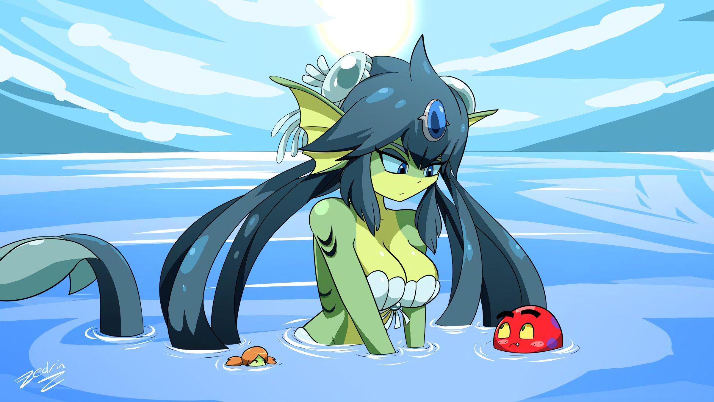 General 2400x1350 Shantae mermaids anime girls monster girl water Shantae: Half-Genie Hero Giga Mermaid cyan green skin in water gems long hair
