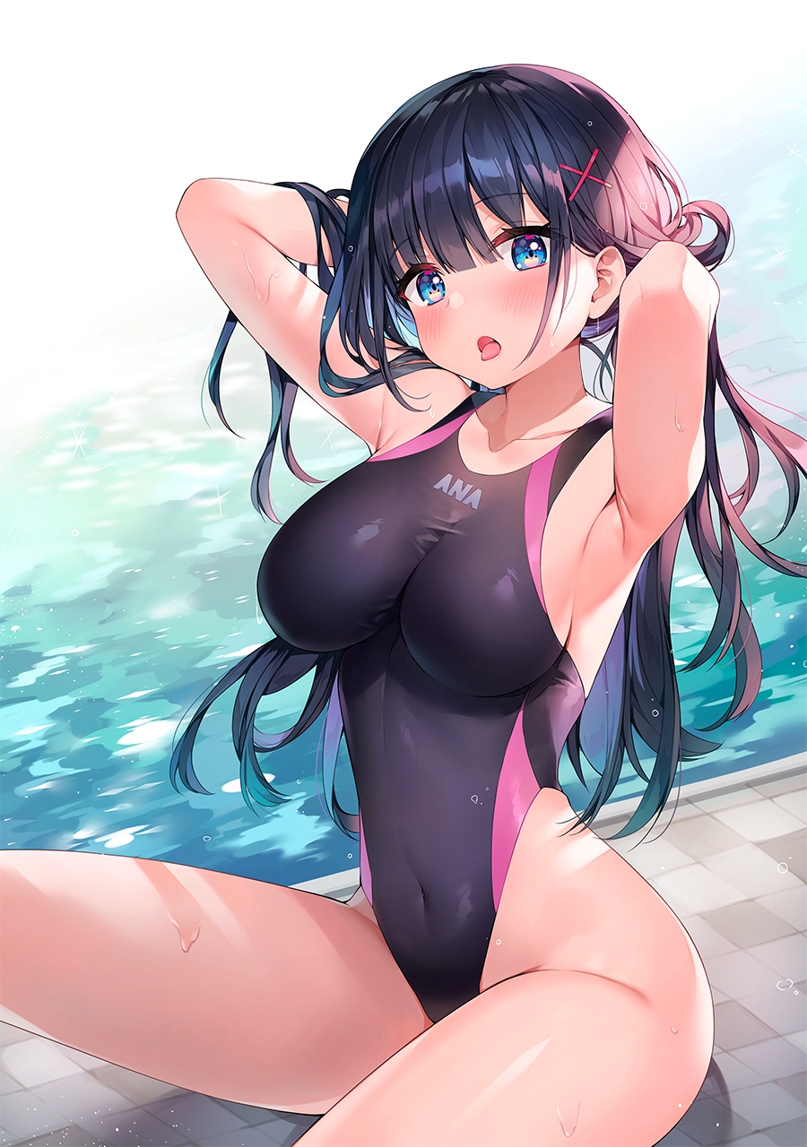 Ayamy, big boobs, thighs, arms up, dark hair, blue eyes, belly, belly  button, armpits, looking at viewer, tongue out, open mouth, hips, anime,  anime girls, digital art, artwork, portrait display, one-piece swimsuit