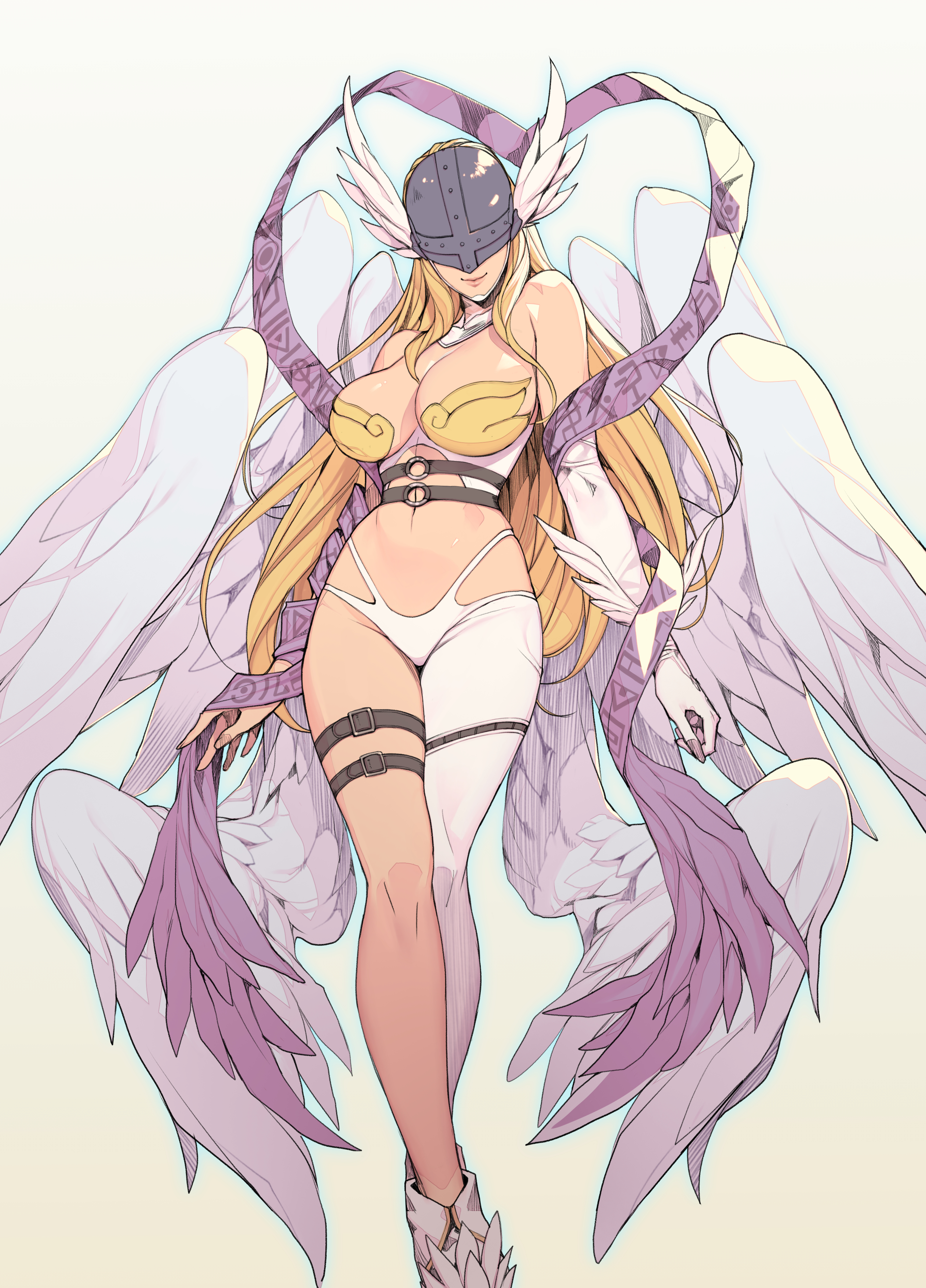 Anime 2721x3784 anime girls Oda Non angewomon Digimon big boobs blonde long hair smiling belly wings angel portrait display legs skimpy clothes mask angel girl