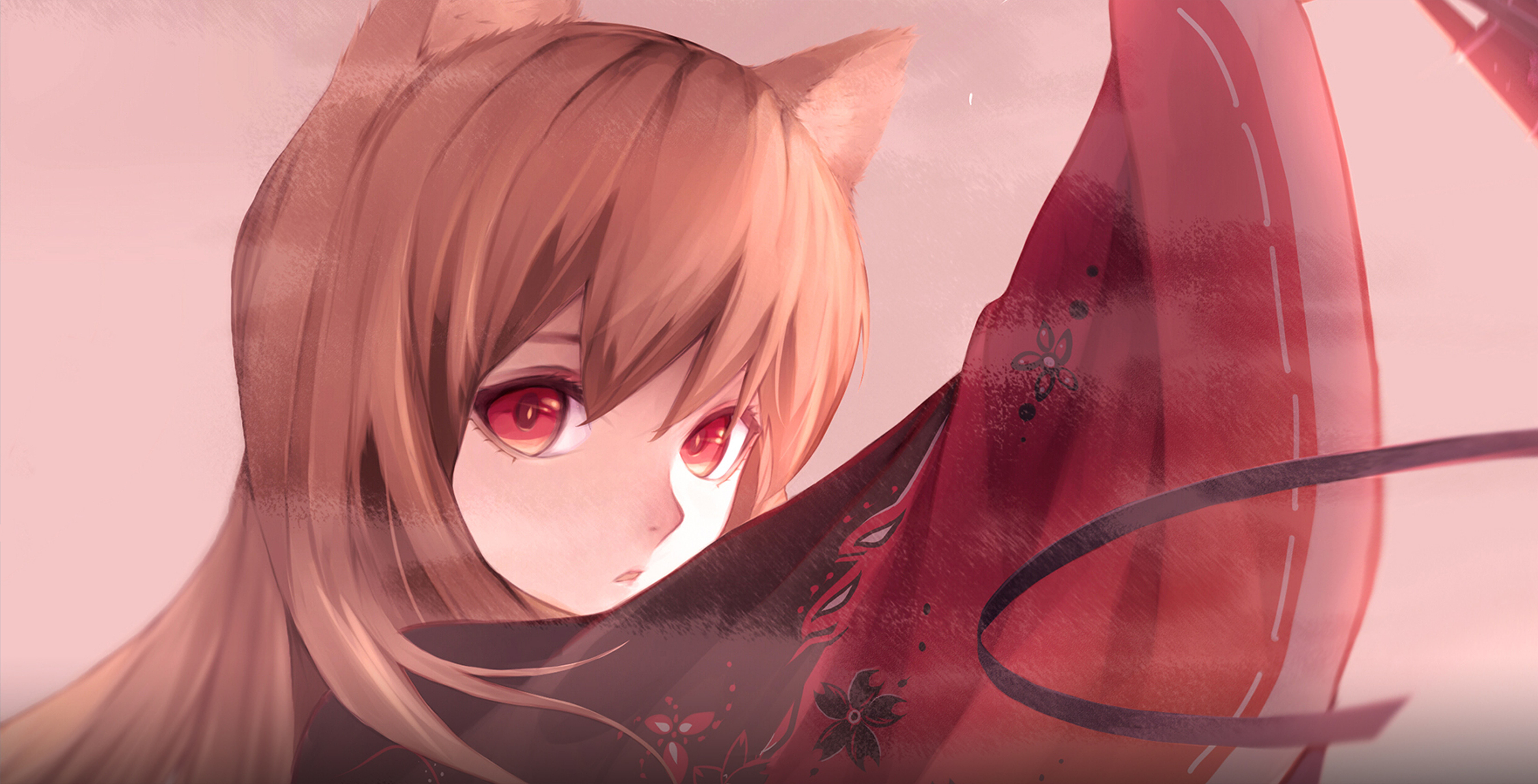 Anime 9000x4590 Holo (Spice and Wolf) Spice and Wolf simple background wolf ears wolf girls red eyes looking at viewer