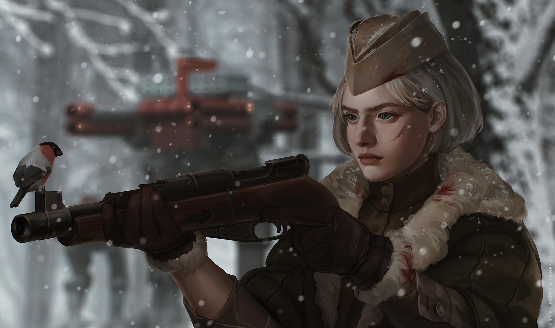 General 1900x1123 weapon birds snow forest gun women scars War Machine  Olga Orlova