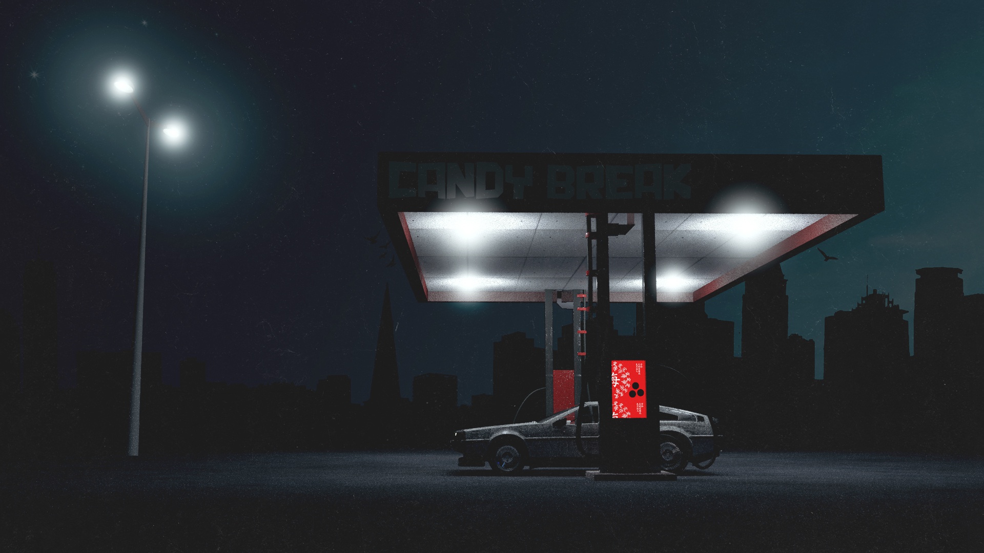 General 1920x1080 night DeLorean car vehicle digital art gas station