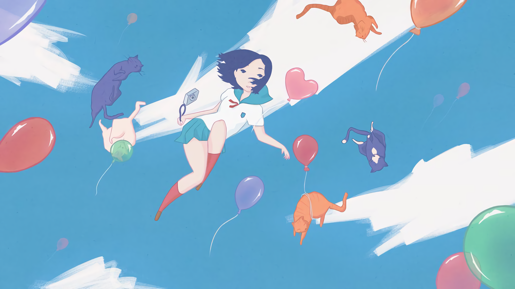 Anime 2048x1152 Fuujin Monogatari cats Ueshima Nao balloon flying sky blue