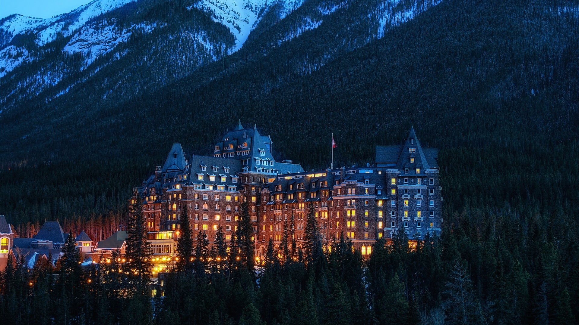 General 1920x1080 Canada Alberta National Park forest mountains trees evening building snow lights Banff Fairmont Banff Springs Fairmont Banff Springs Hotel hotel