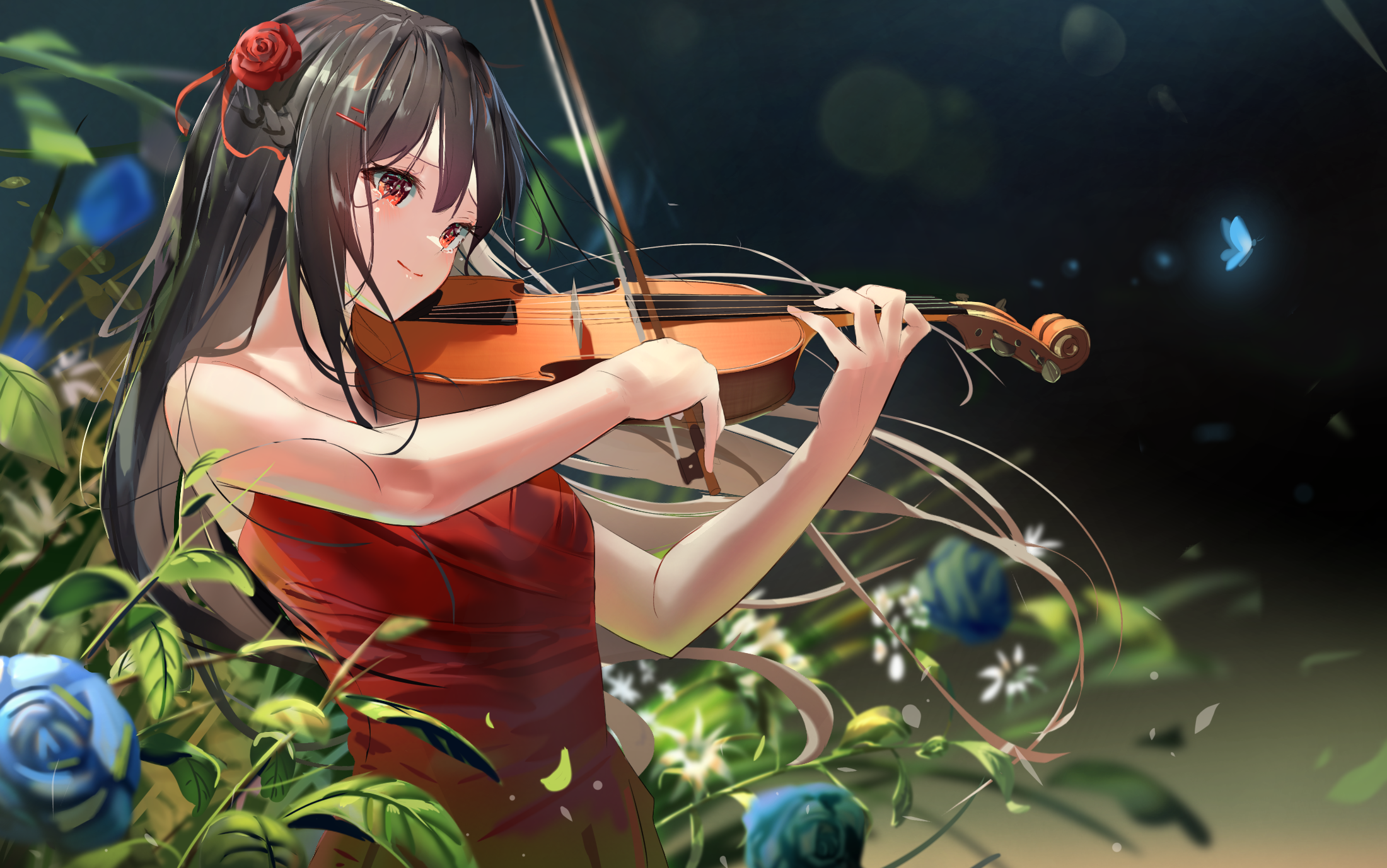 Anime 2200x1377 anime anime girls violin dress smiling red eyes dark hair Kinoruru Toiro