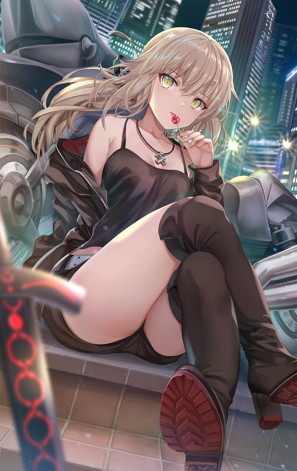 Anime 1200x1903 anime anime girls digital art artwork 2D portrait display legs crossed blonde Saber Alter Fate/Grand Order Artoria Pendragon Fate series Torino Akua thigh high boots short shorts open jacket camisole yellow eyes tongue out lollipop sword motorcycle