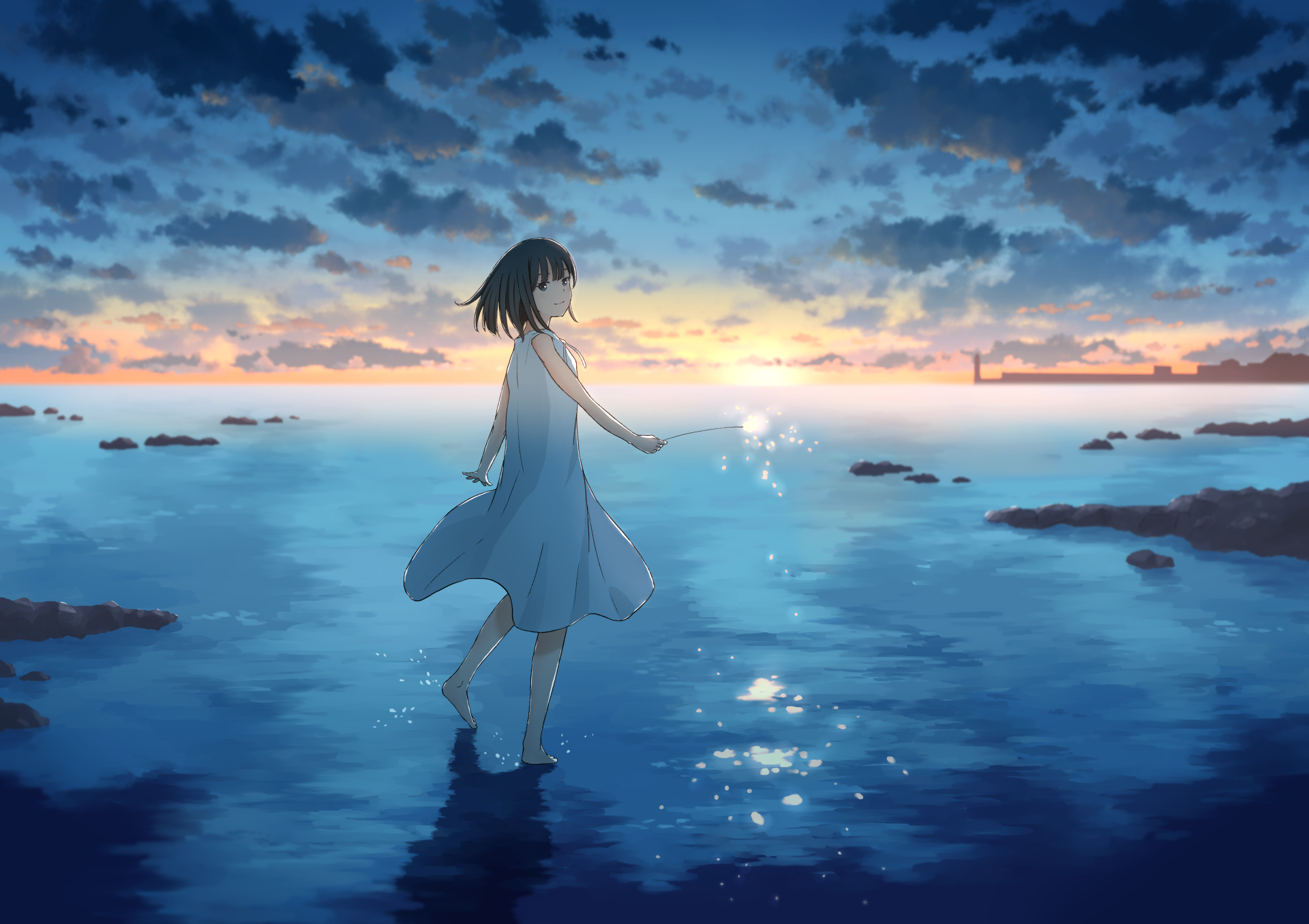 Anime 1920x1355 anime 2D artwork digital art landscape sky clouds beach sunset barefoot dress sun dress
