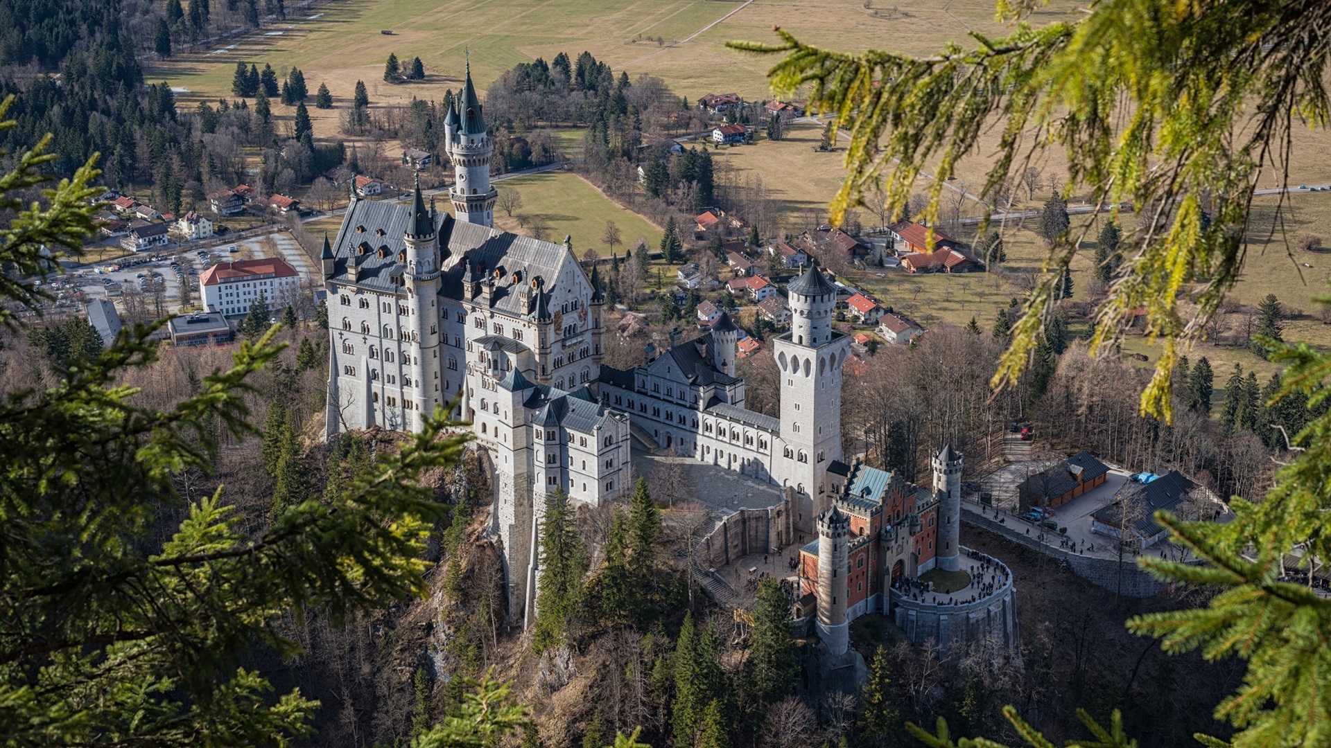 General 1920x1080 Germany Bavaria Neuschwanstein Castle castle building house forest trees landscape nature grass daylight aerial view people car street tower gates
